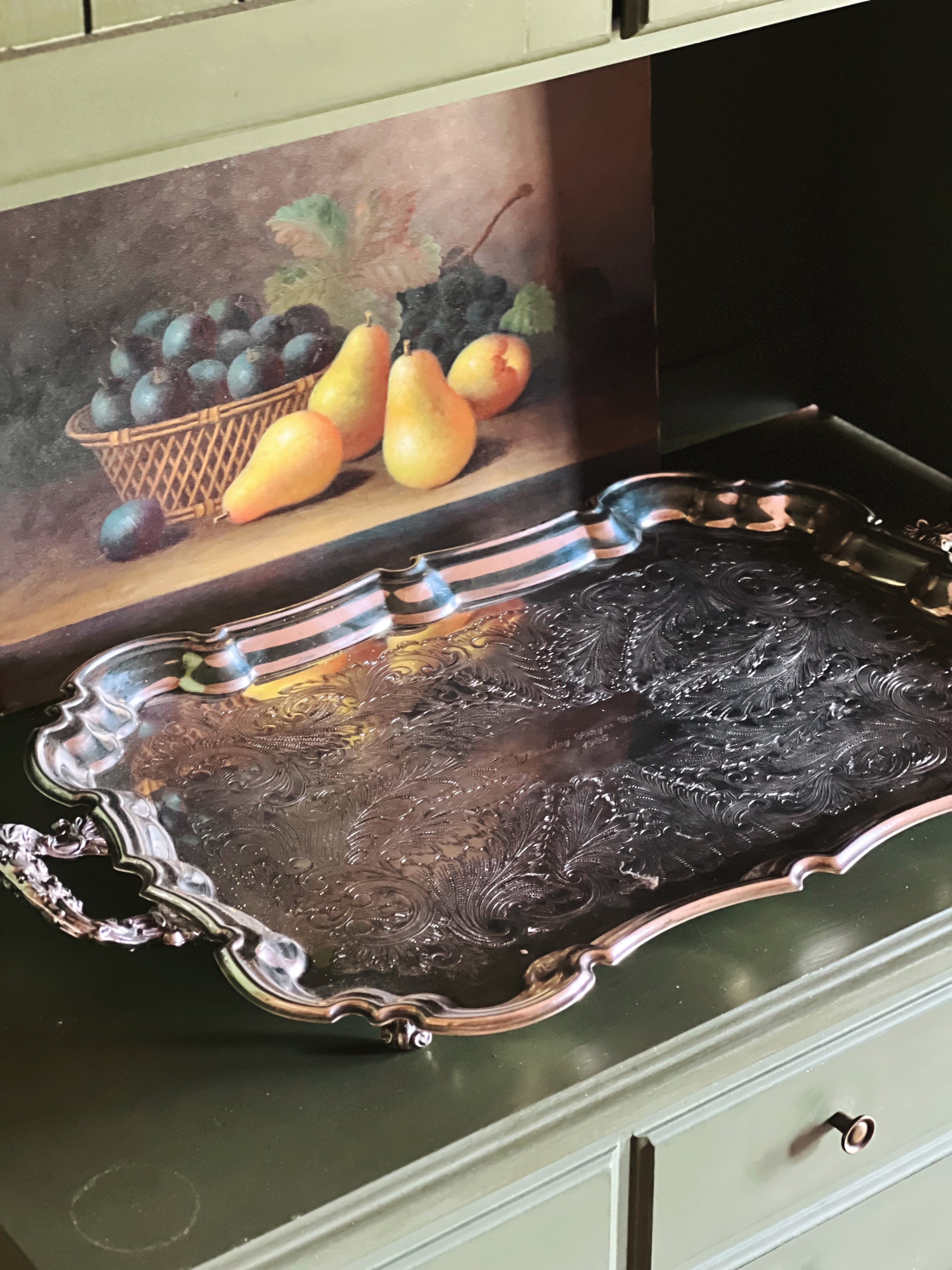 Large vintage Leonard silverplate butler’s tray with  ornate engraved surface