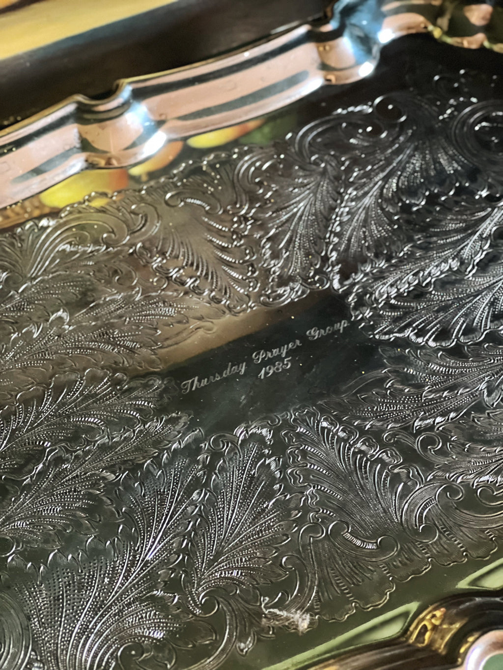 Engraved detail of a large vintage Leonard silverplate butler’s tray 