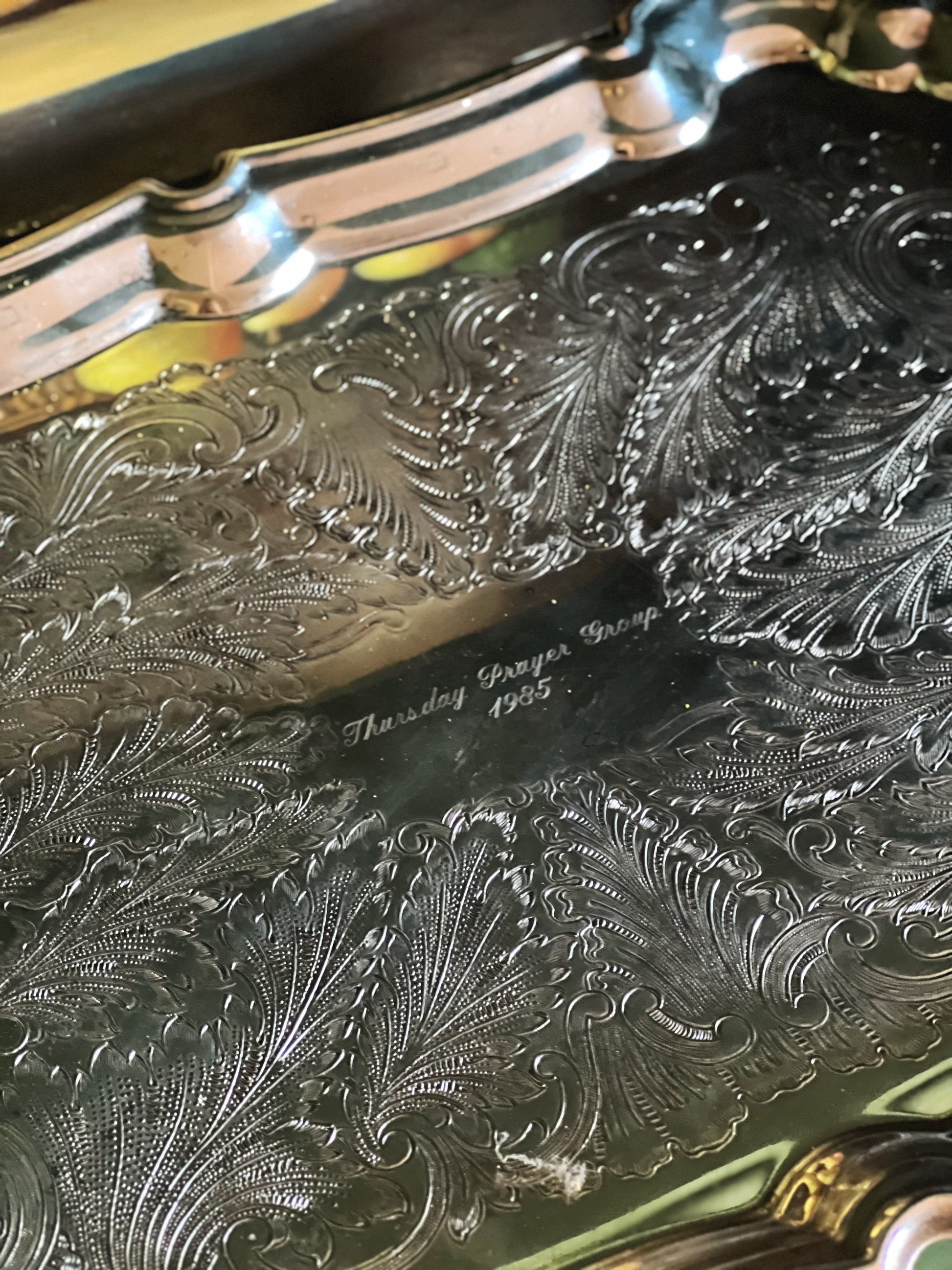 Engraved detail of a large vintage Leonard silverplate butler’s tray 