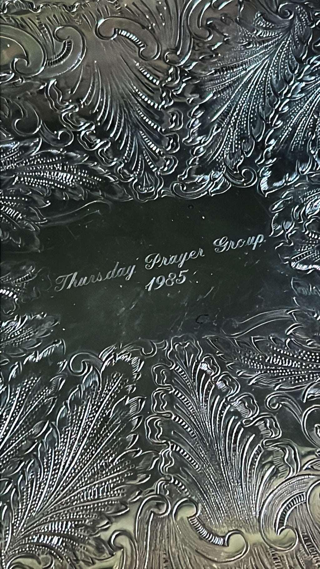 Close up of the engraving from 1985 on a large vintage Leonard silverplate butler’s tray