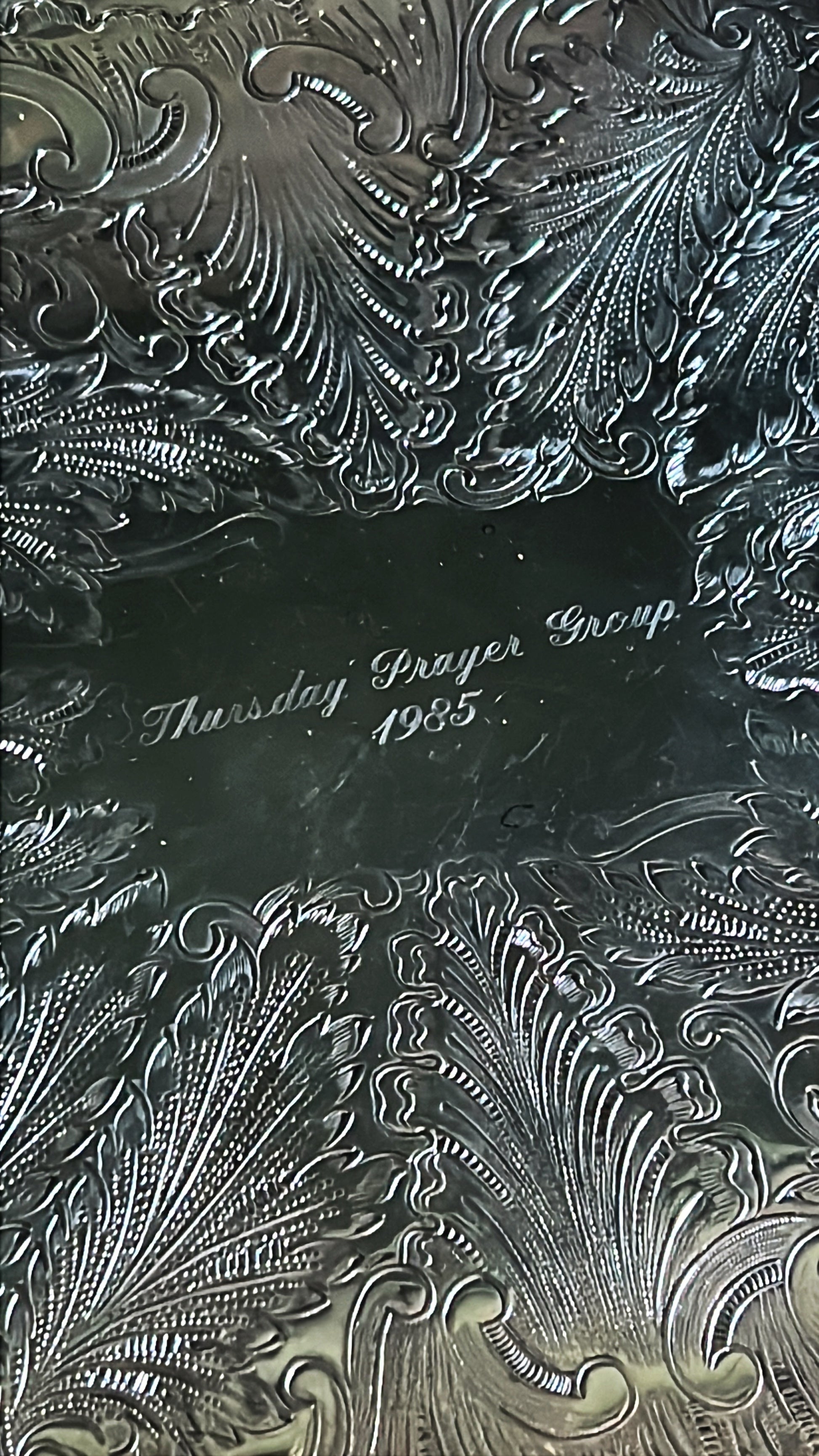 Close up of the engraving from 1985 on a large vintage Leonard silverplate butler’s tray