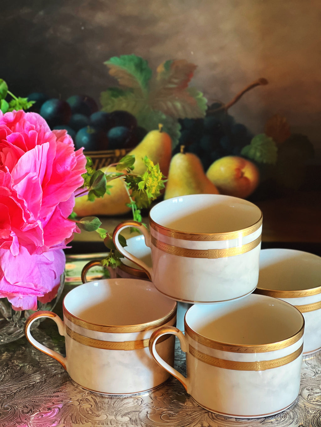 Vintage Florentine cups styled with pink peonies