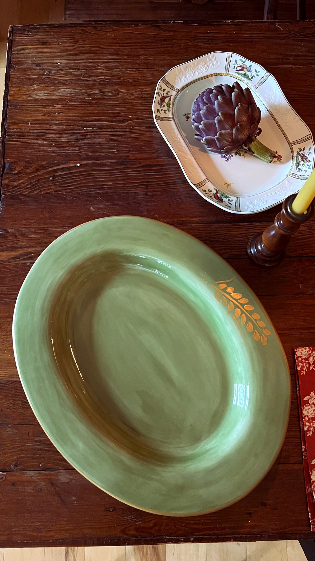 Full overhead view of a Pottery Barn Sausalito Gold serving platter