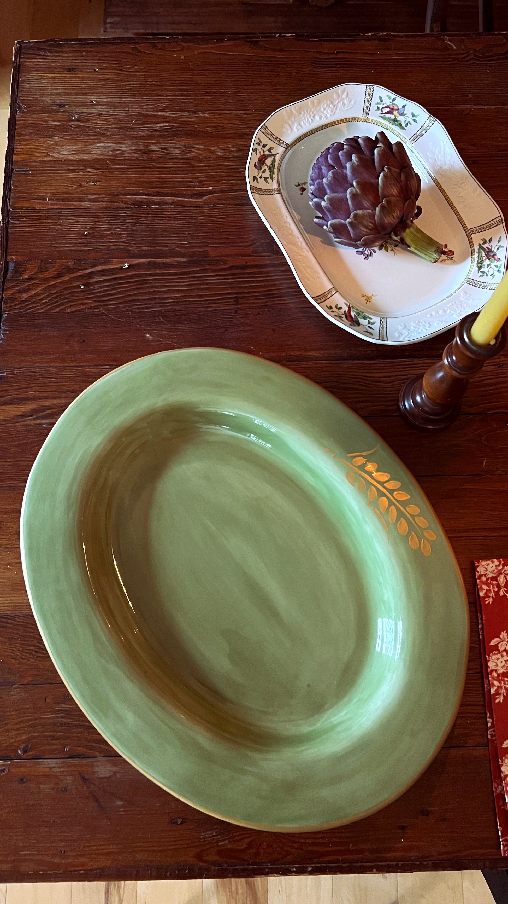 Full overhead view of a Pottery Barn Sausalito Gold serving platter