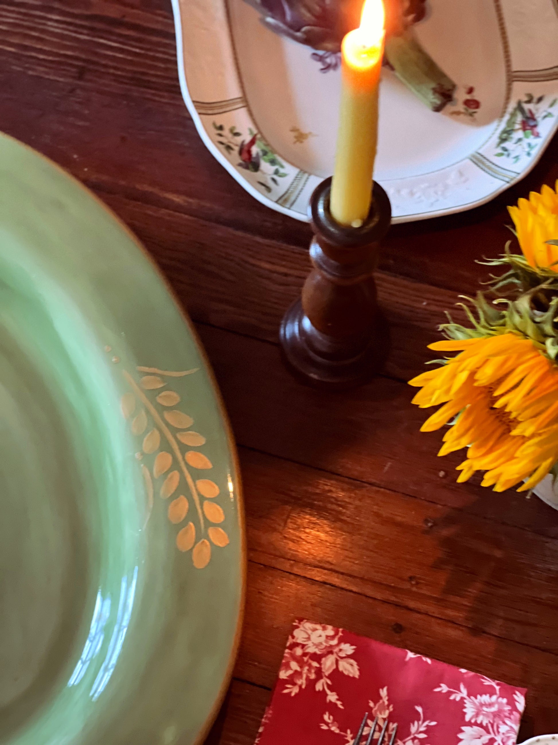 Overhead detail of the gold leaf design on a Pottery Barn Sausalito Gold platter