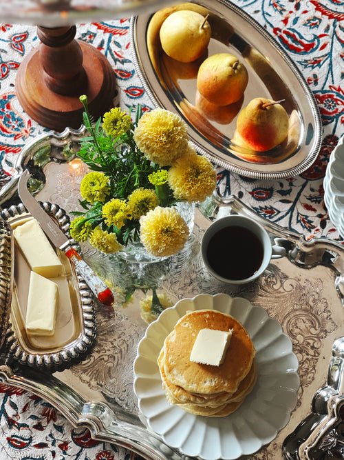 Collected silverplate tray styled for quiet luxury entertaining