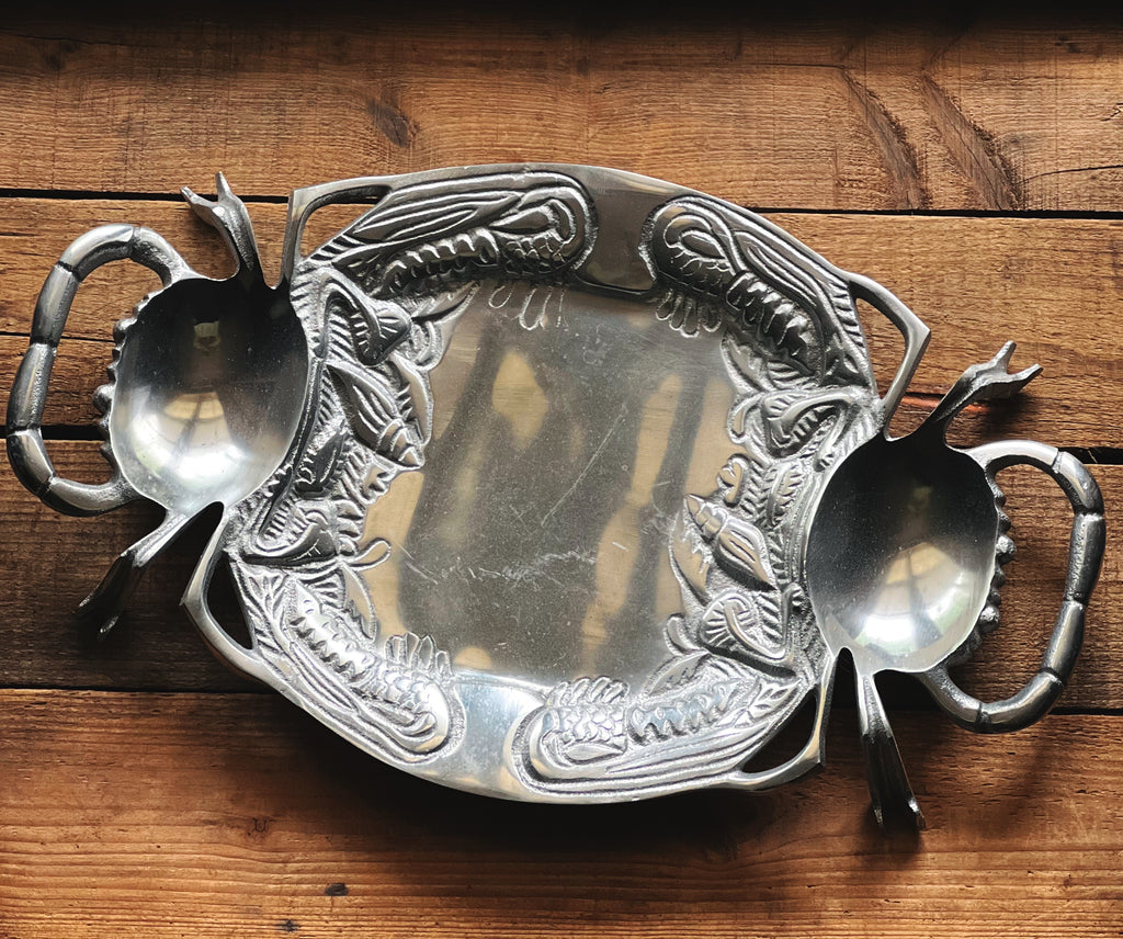 Coastal silver serving tray with sculptural crab handles
