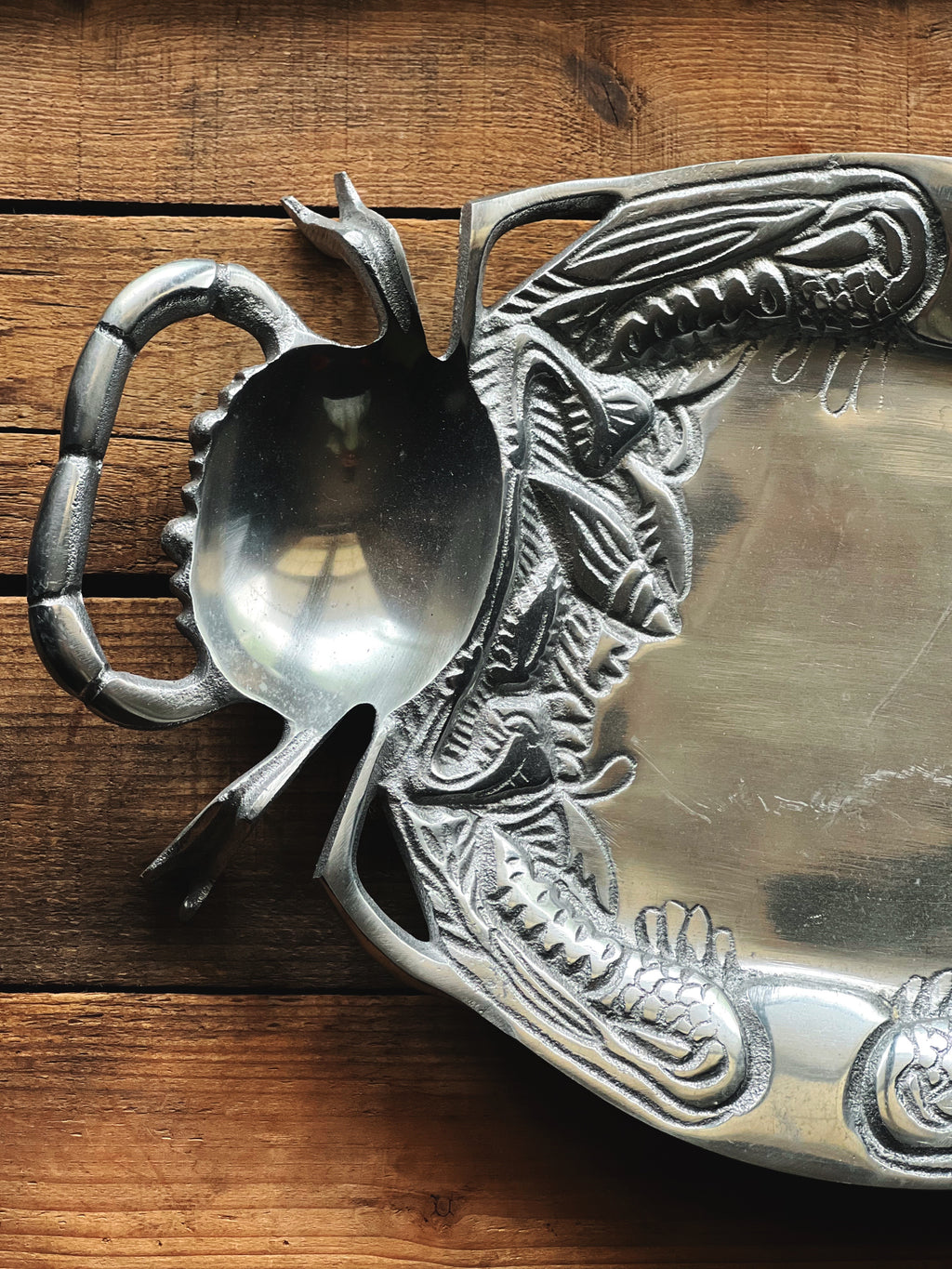 Vintage silver crab serving tray with divided serving compartments