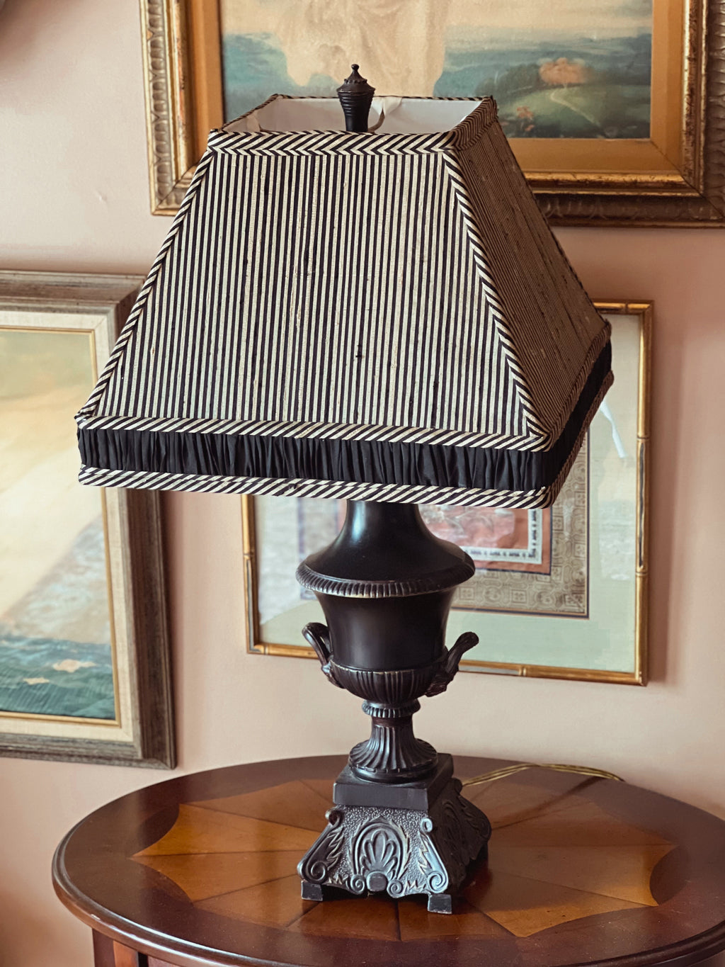 Large vintage raw silk lampshade with neutral stripe pattern and tailored edges