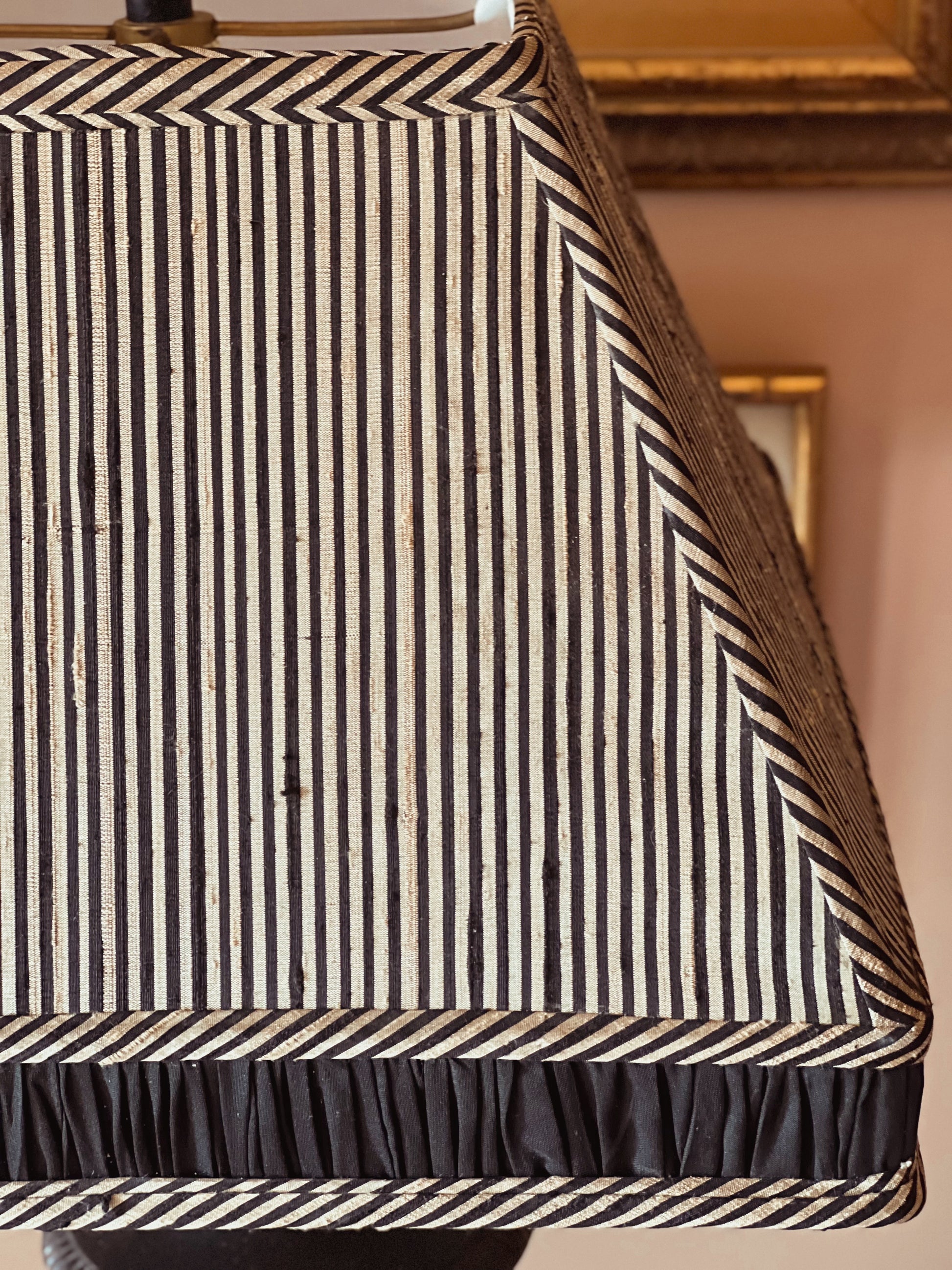 Collected style vintage striped lamp shade in black, taupe and cream tones