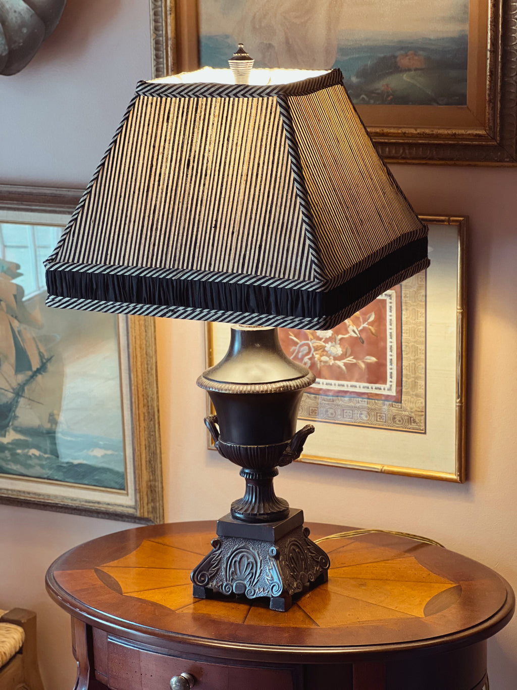 Oversized vintage striped lampshade with tailored silhouette and raw silk texture