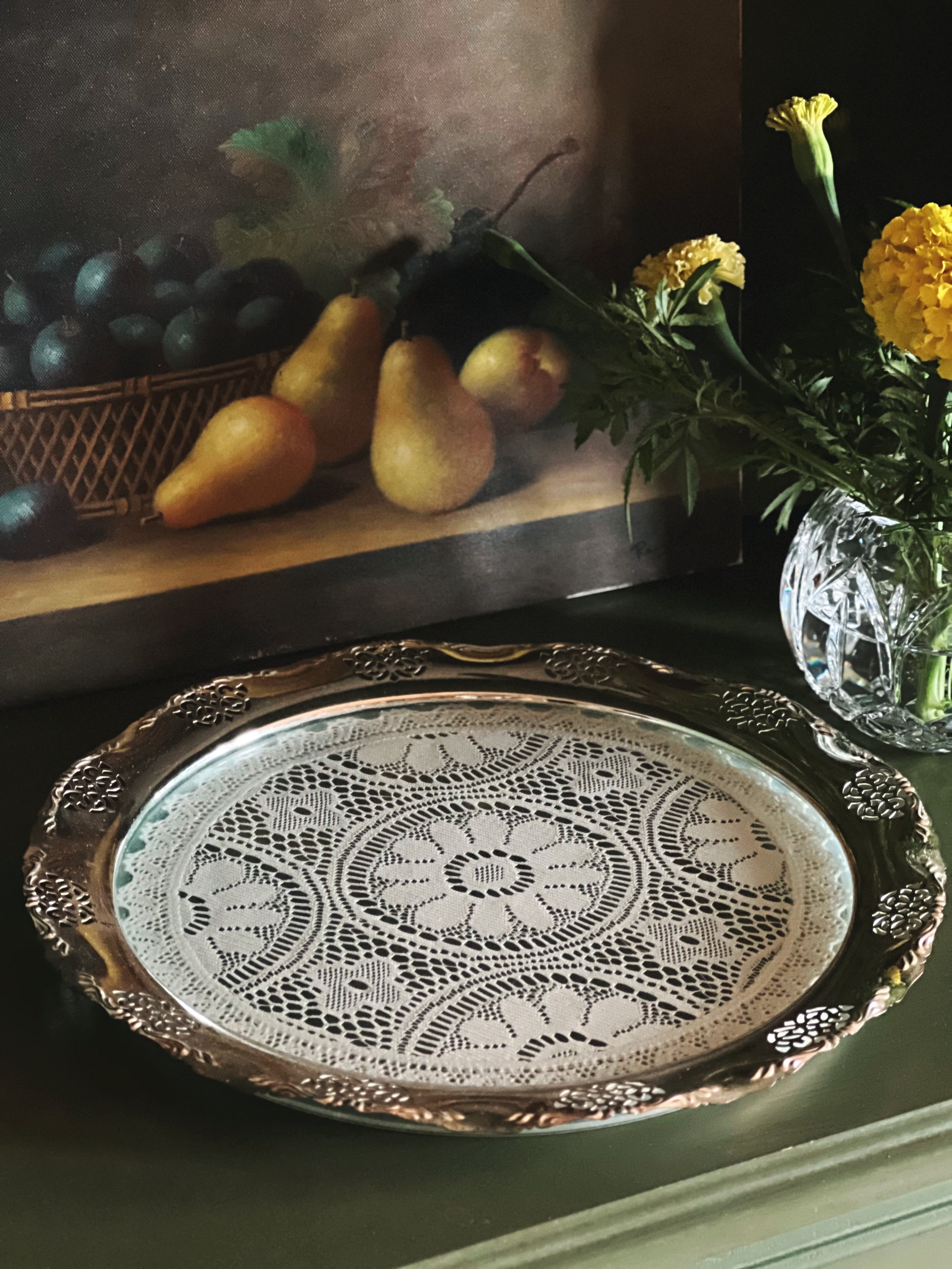 Romantic silverplate serving tray with pierced edge detail
