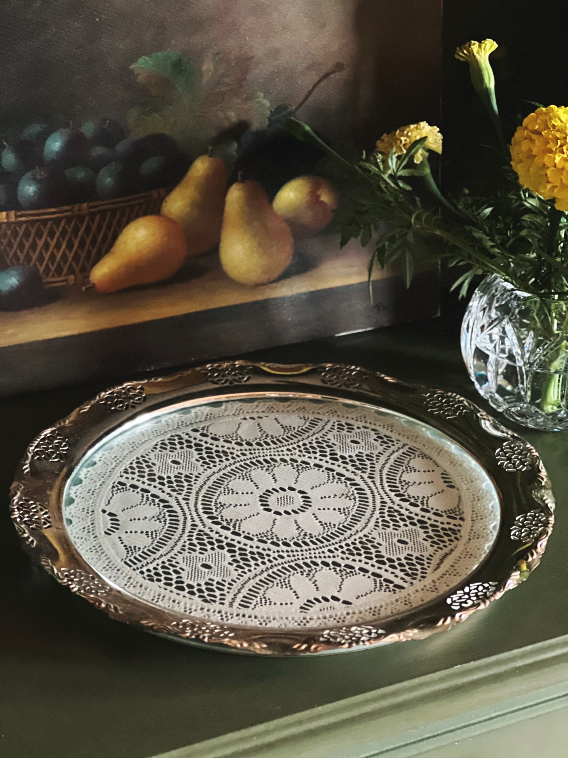 Vintage silverplate tray with encased lace doily center and yellow florals