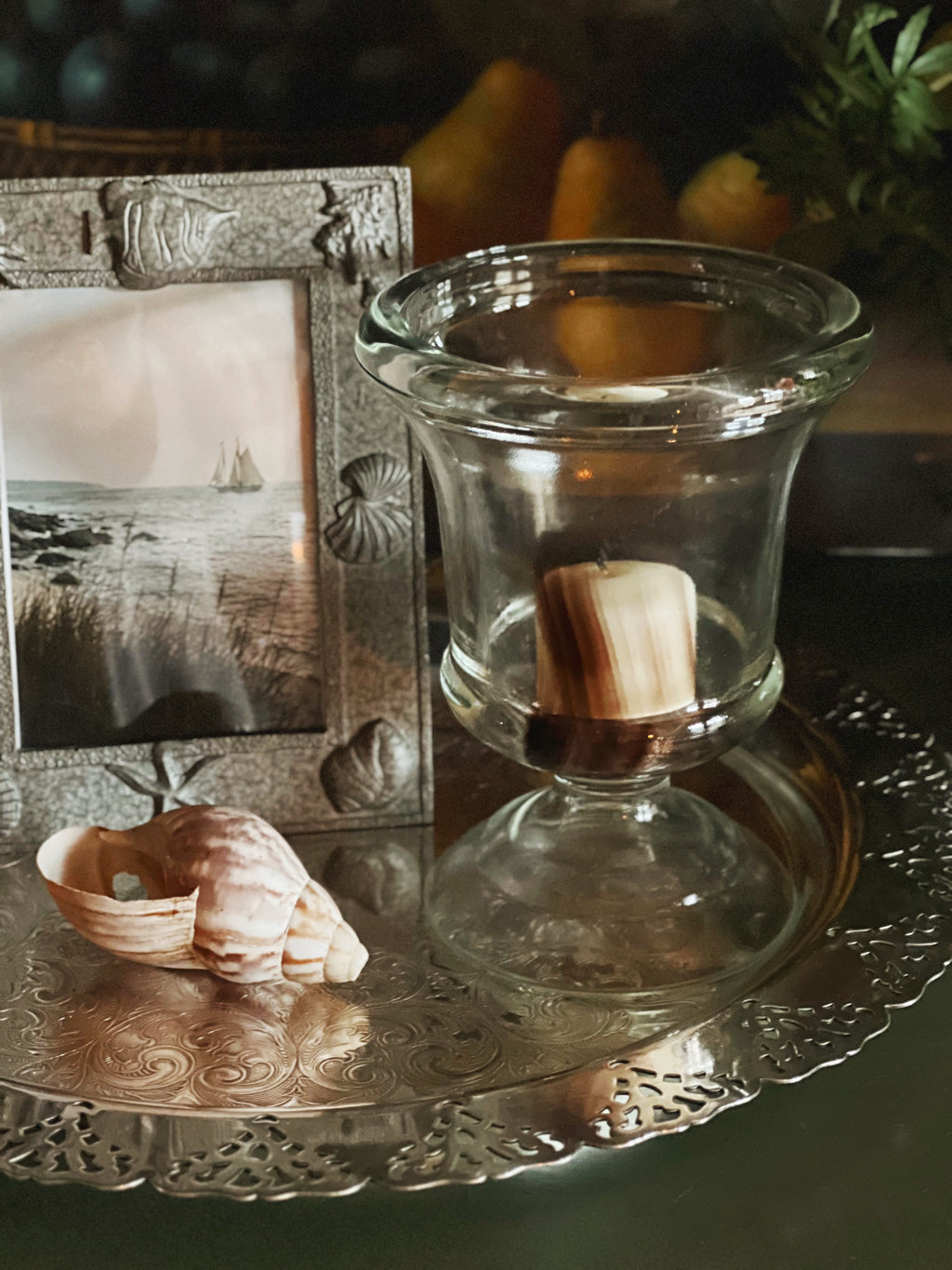 Sculptural vintage glass hurricane vase with abstract texture