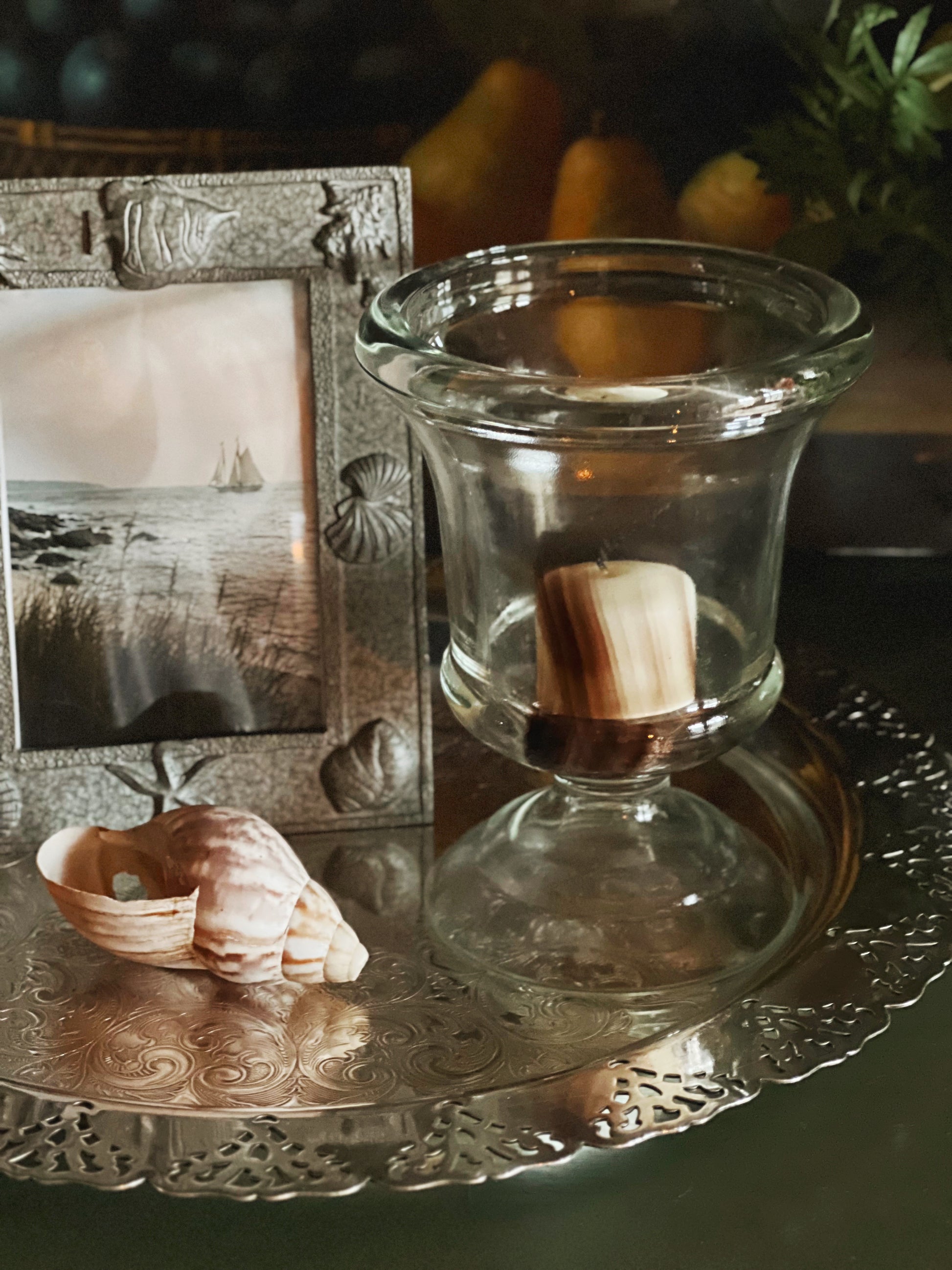 Sculptural vintage glass hurricane vase with abstract texture