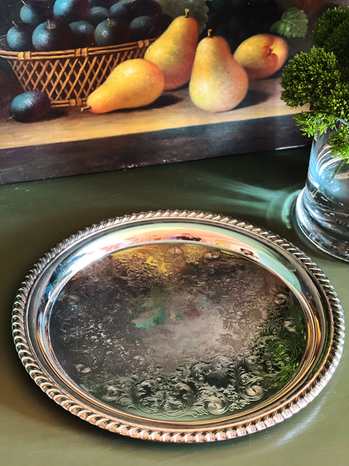 Silver tray on a green surface with fruit in the background