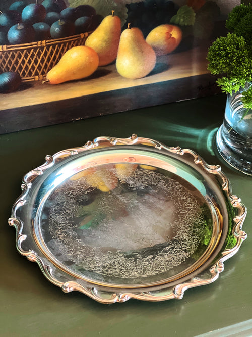 1960 silverplate serving tray with scrollwork edge