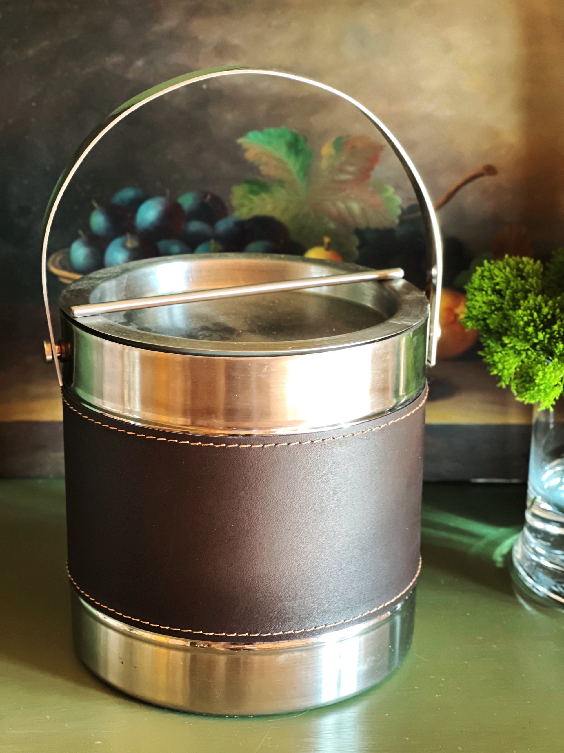 Vintage silver ice bucket with stitched faux leather wrap and bale handle 