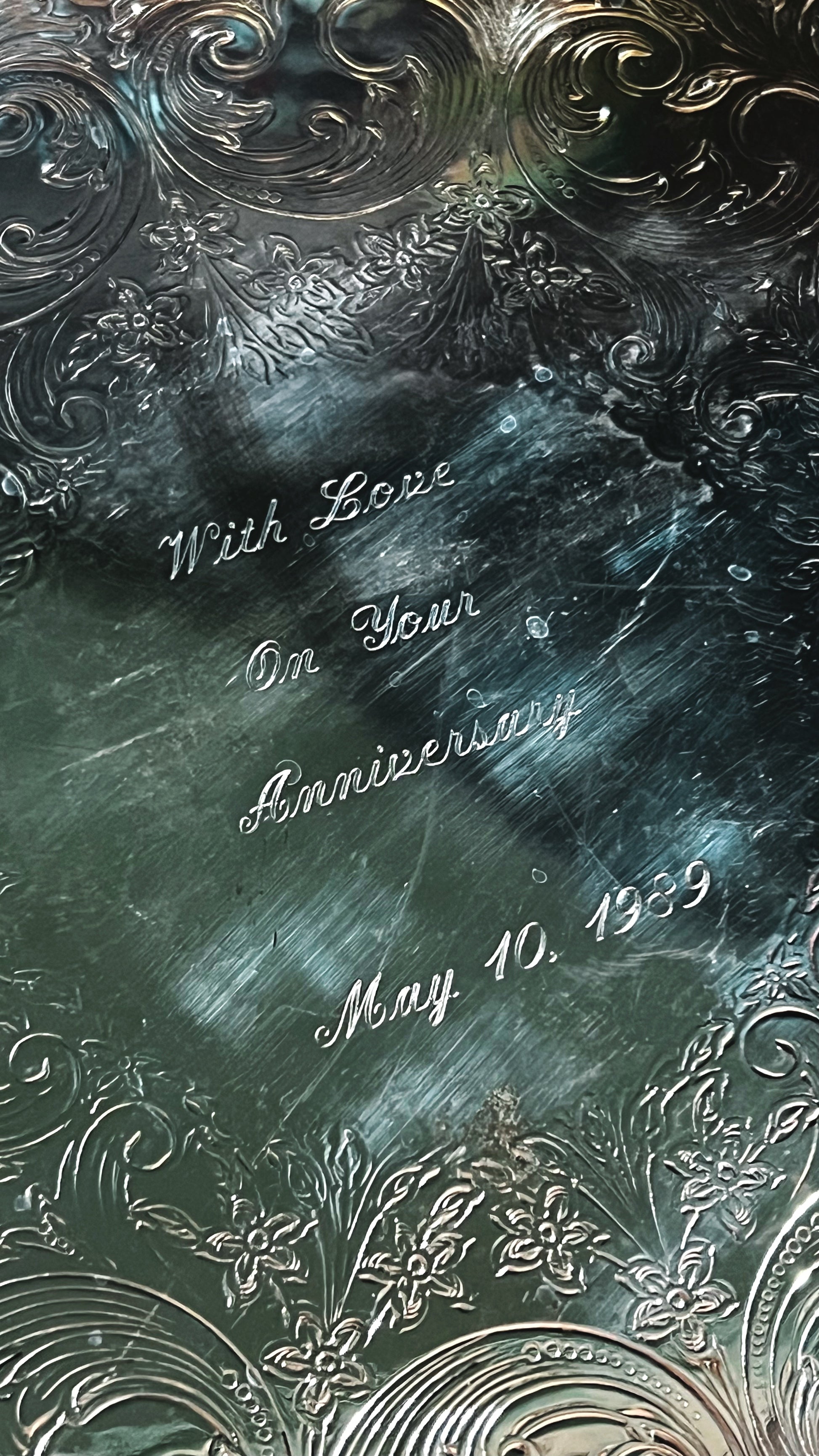 Decorative tray with ornate text and patterns, featuring 'With Love On Your Anniversary' and a date.