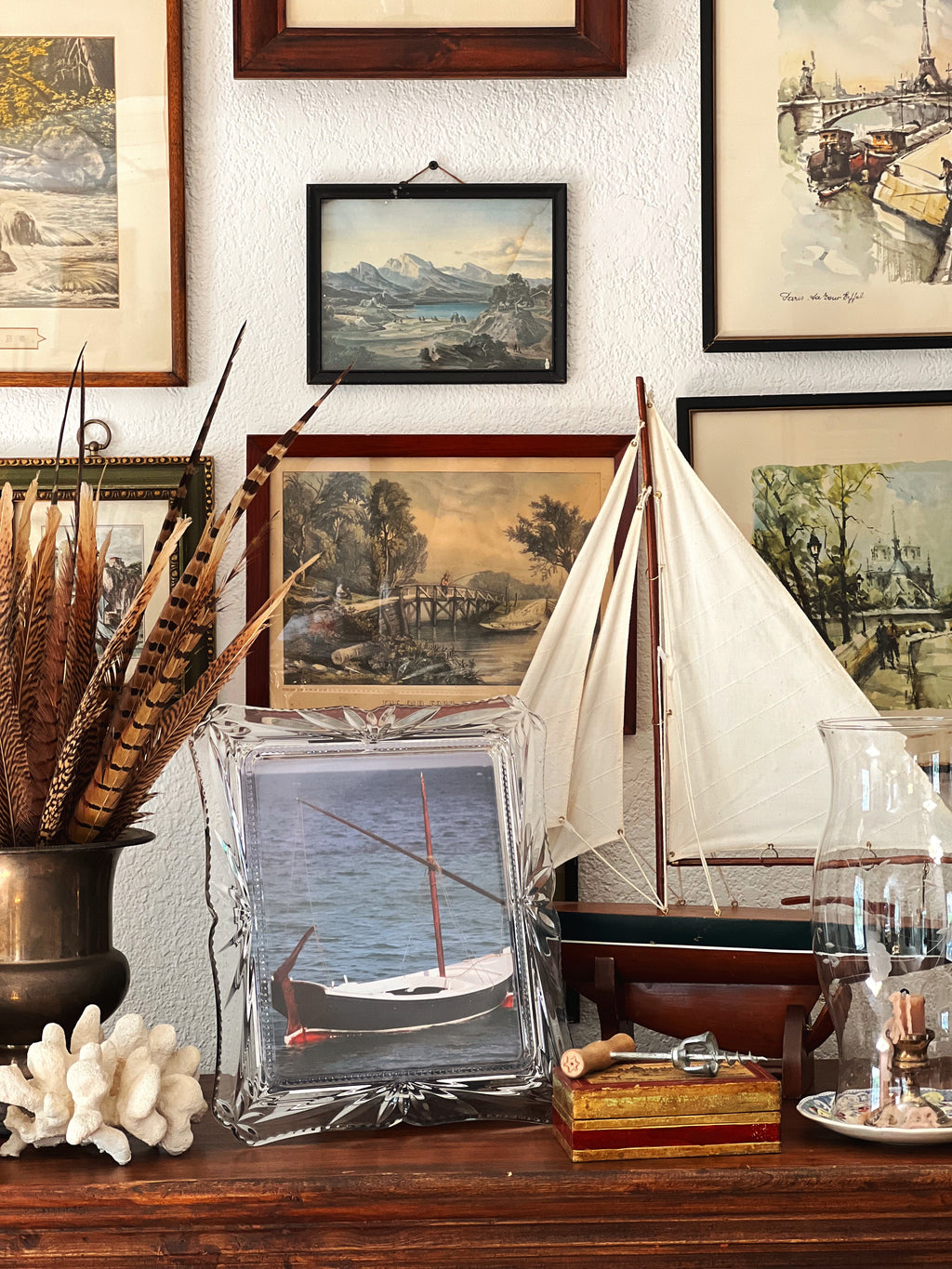 Mikasa Margate crystal frame on a bookshelf styled with nautical items