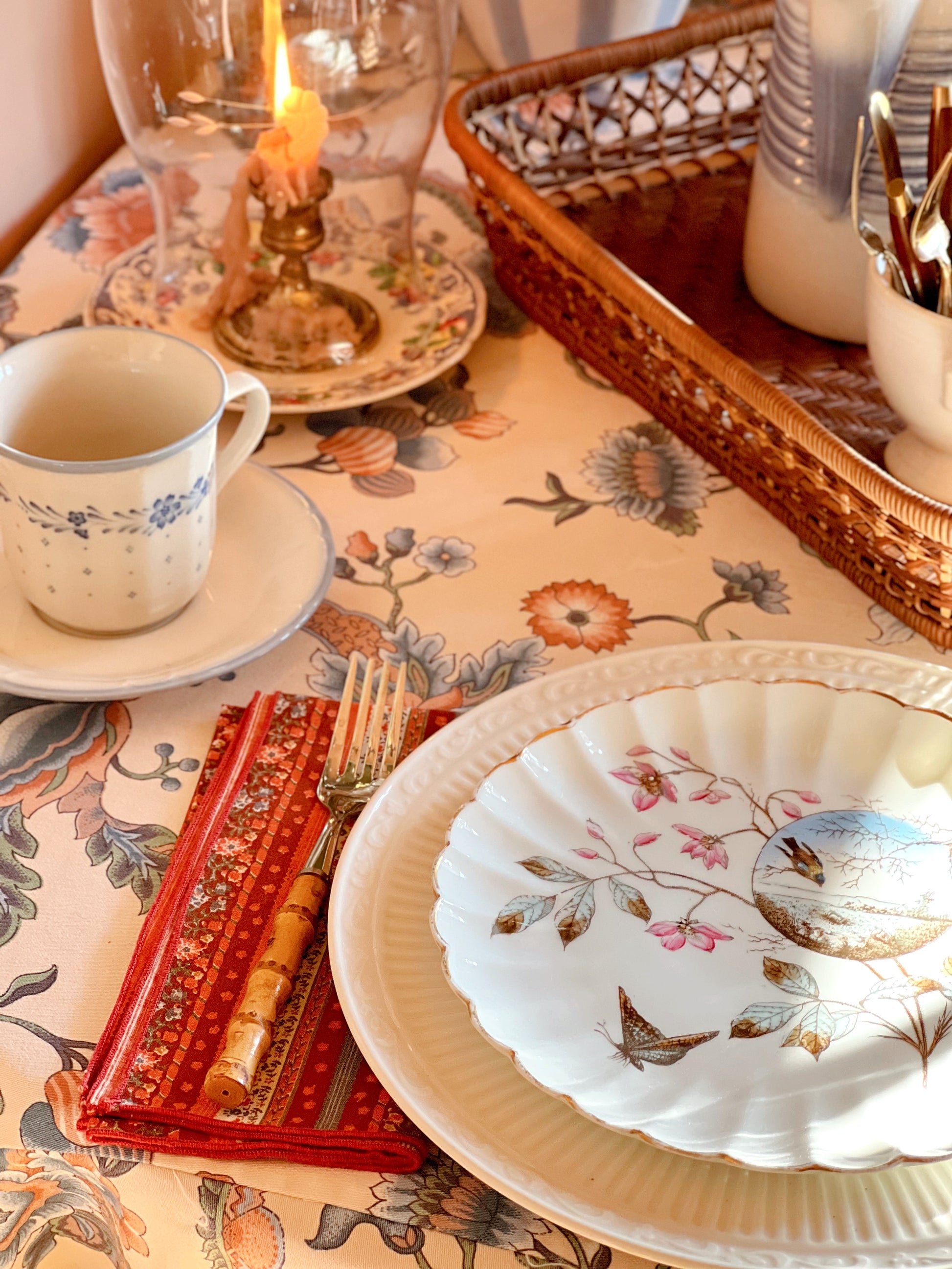 Sango Arcadia Blue teacup and saucer set on a breakfast table