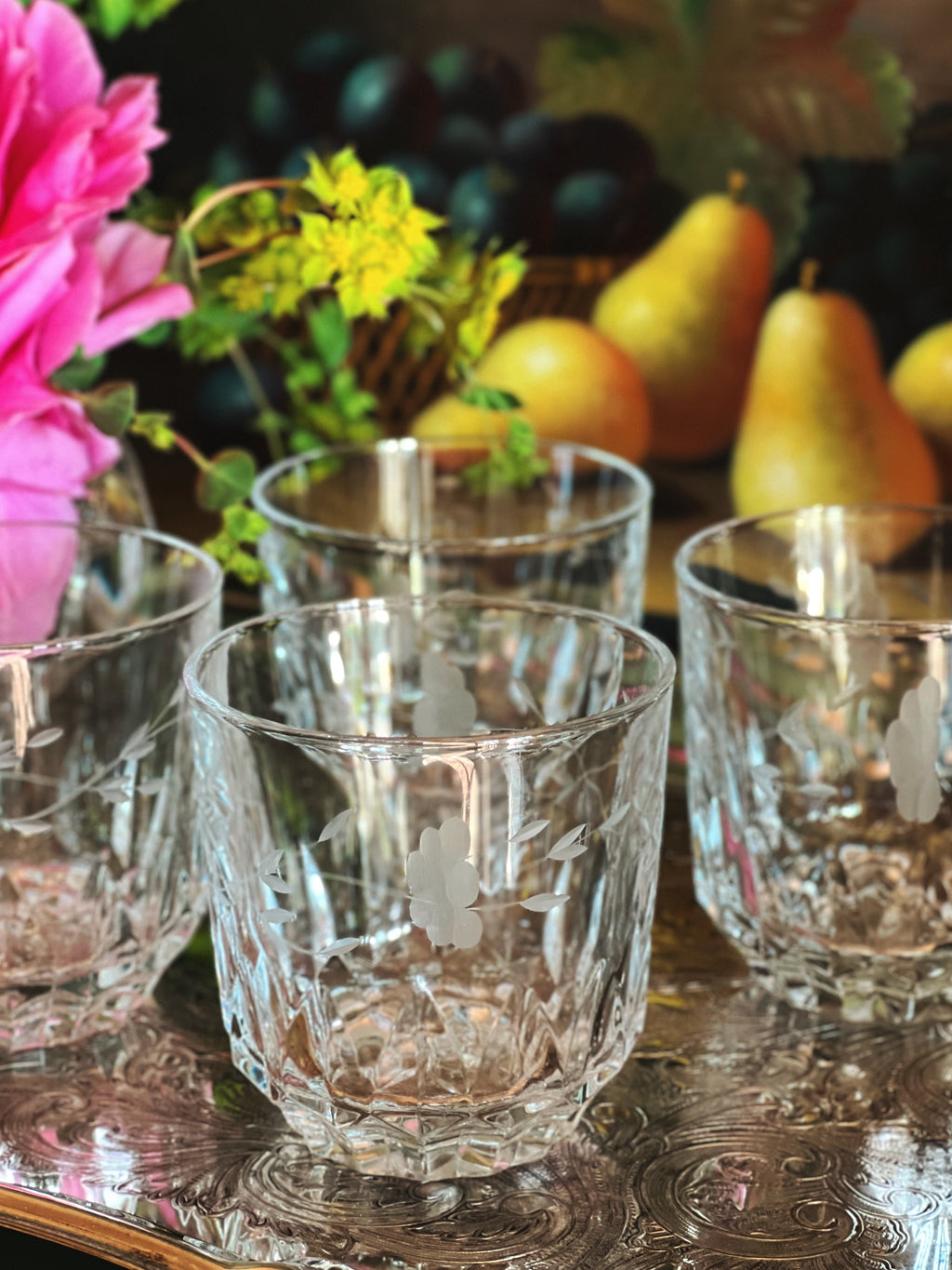 Etched floral design on a set of four vintage etched crystal double old fashioned glasses 