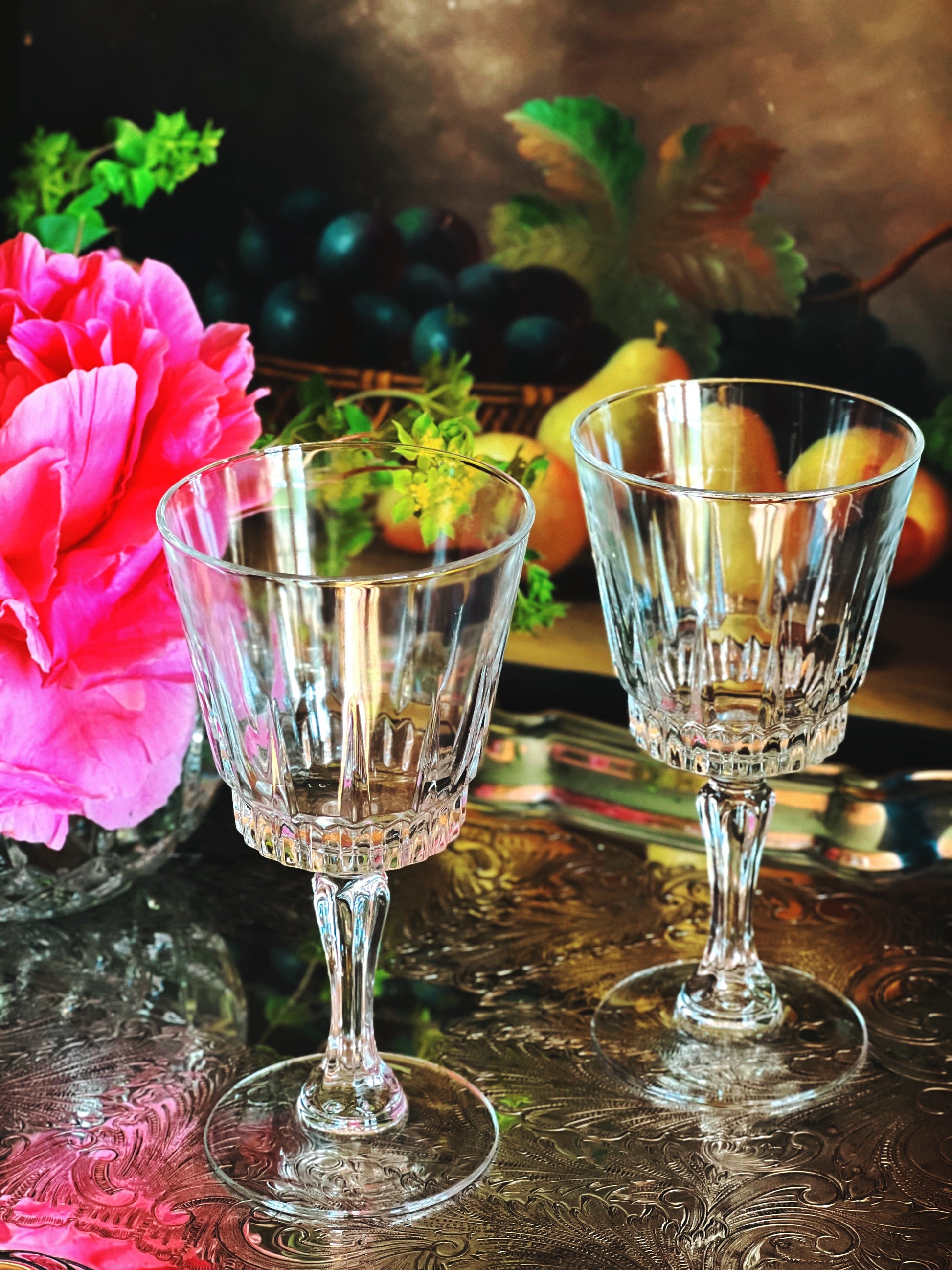 Pair of vintage French crystal wine glasses with faceted bowls 