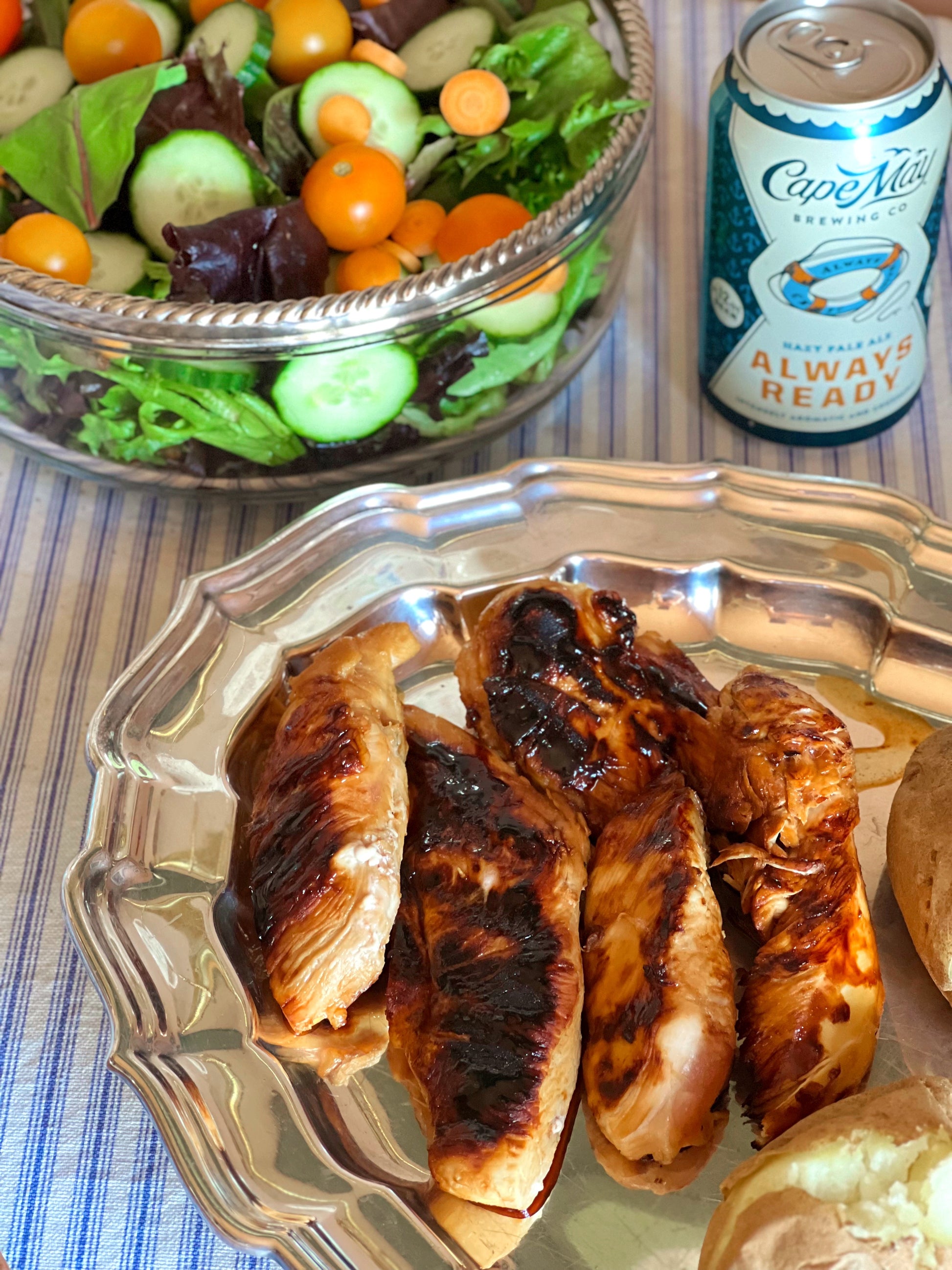 Vintage Reed & Barton Chippendale Silverplate Serving Platter with grilled chicken on a summer table