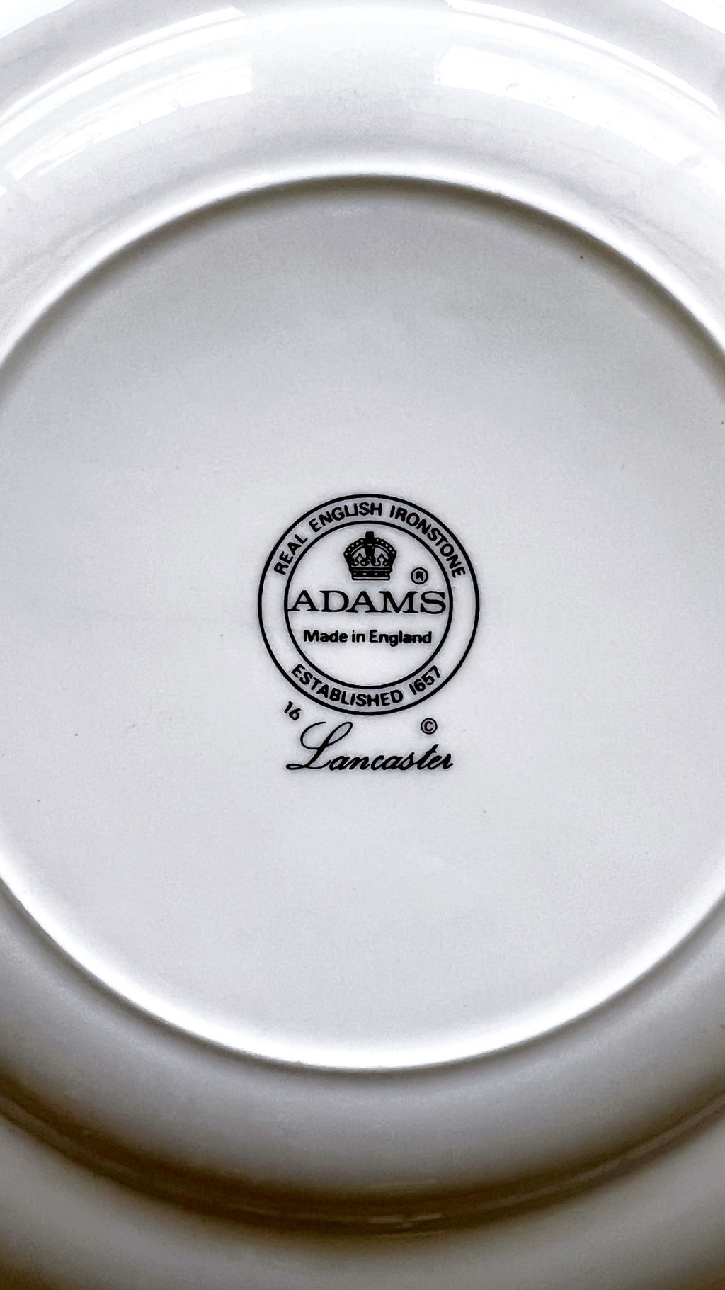 Close-up of a white plate with 'Adams' branding on a light gray background