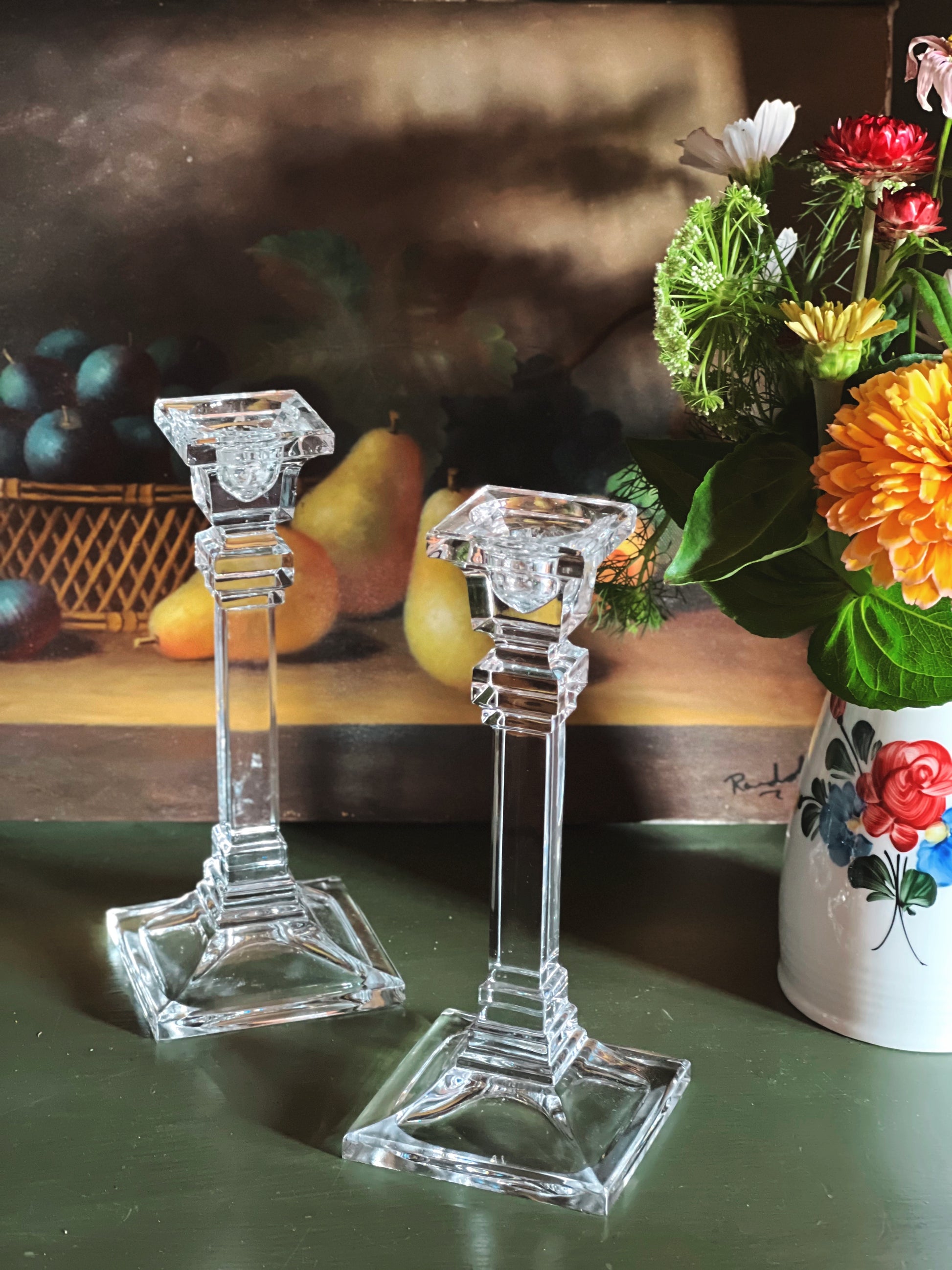 front view of a Vintage Pair of Crystal Candlesticks with Square Bases