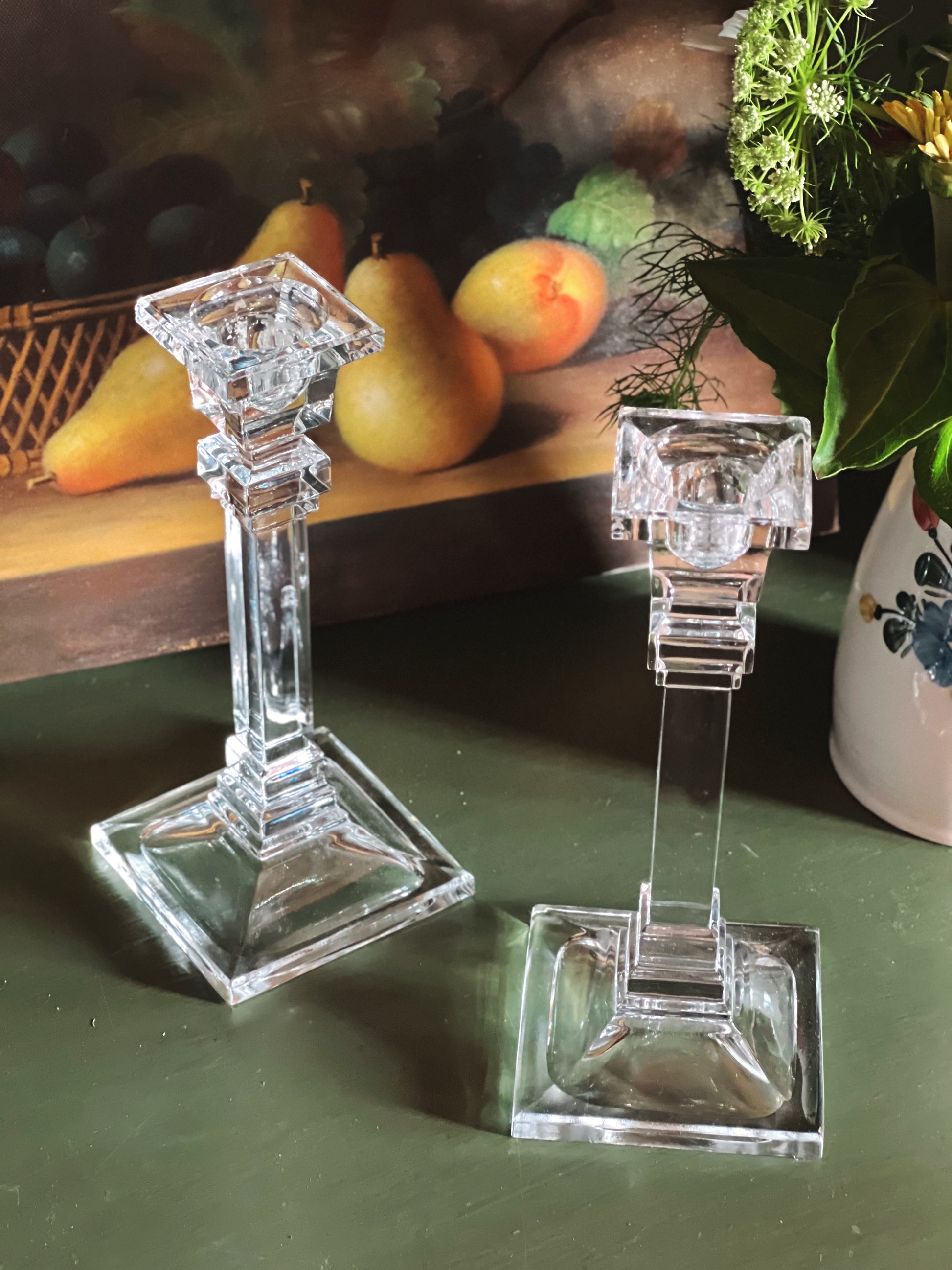 overhead angle of a Vintage Pair of Crystal Candlesticks with Square Bases