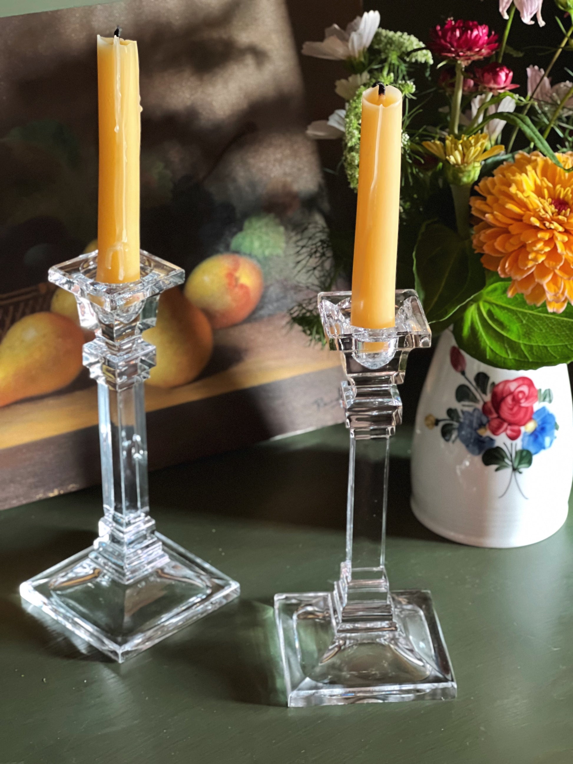 Vintage Pair of Crystal Candlesticks with Square Bases
