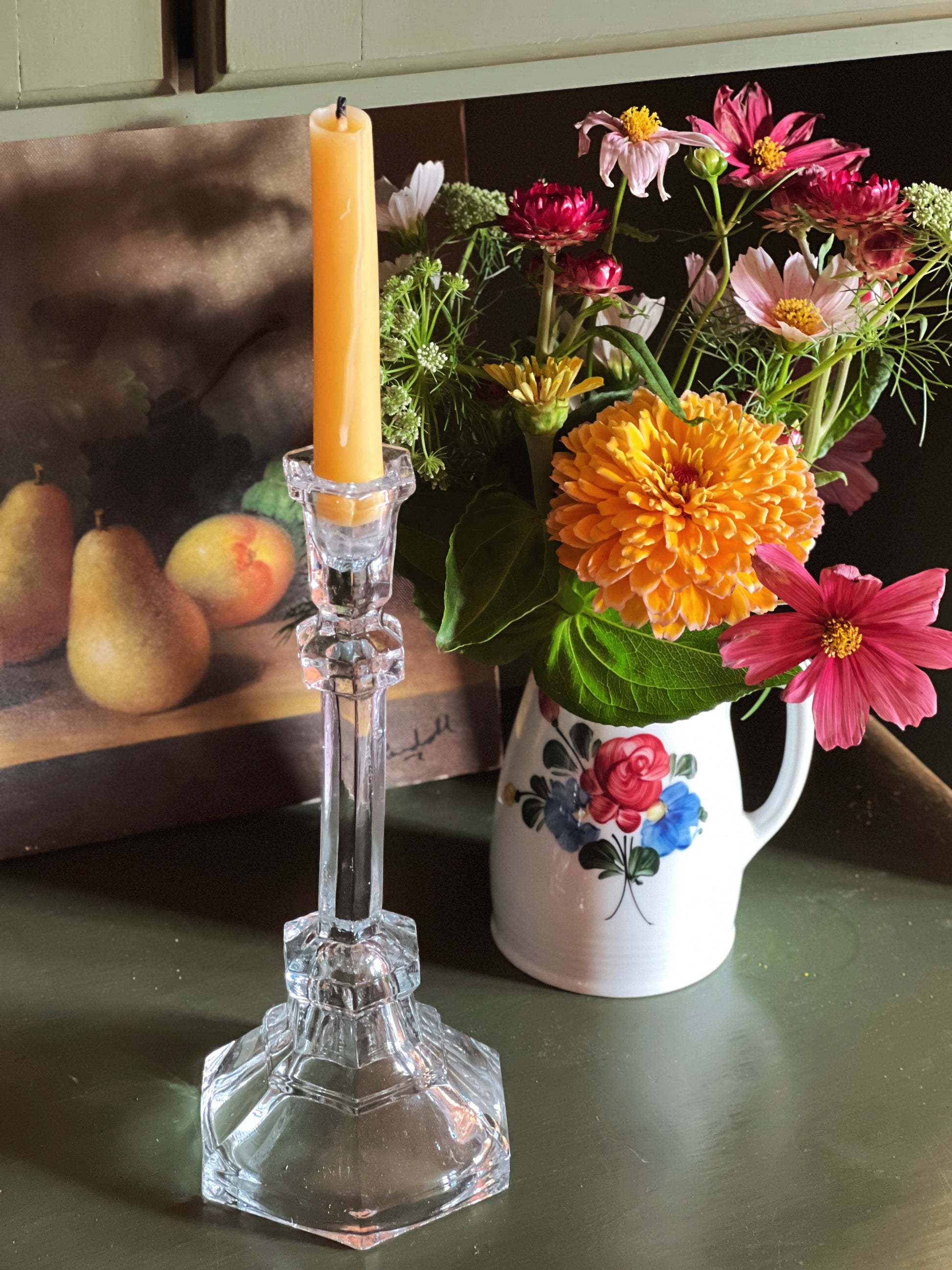 Vintage Pressed Glass Taper Candle Holder with a beeswax candle and flowers