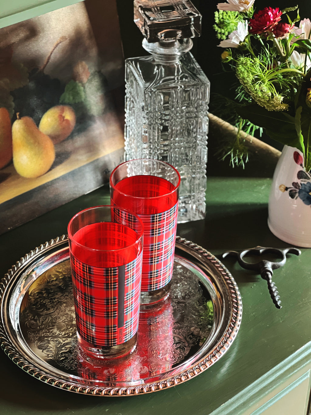 Overhead view of Vintage Ralph Lauren Plaid Highball Glasses 