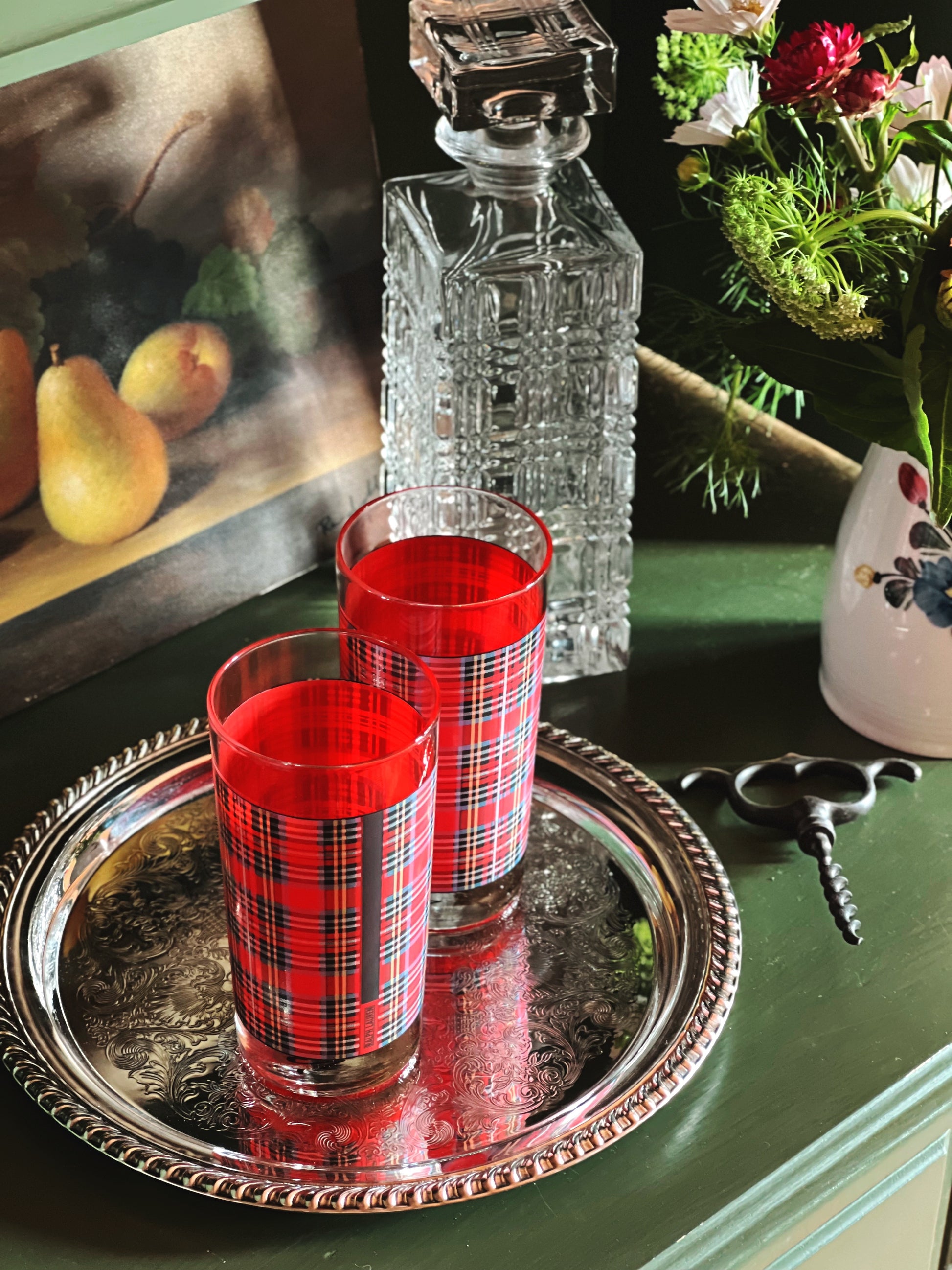 Overhead view of Vintage Ralph Lauren Plaid Highball Glasses 