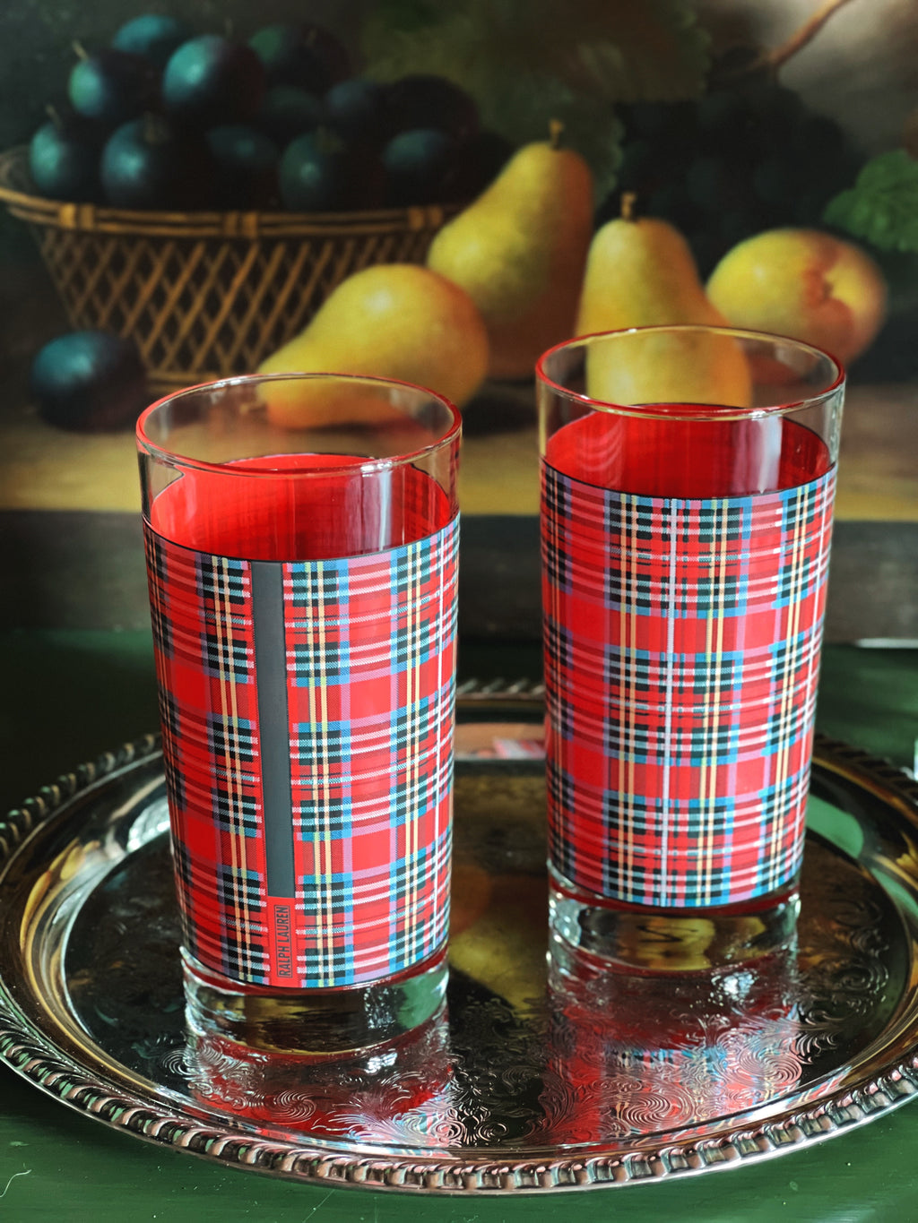 Vintage Ralph Lauren Plaid Highball Glasses on a silver tray
