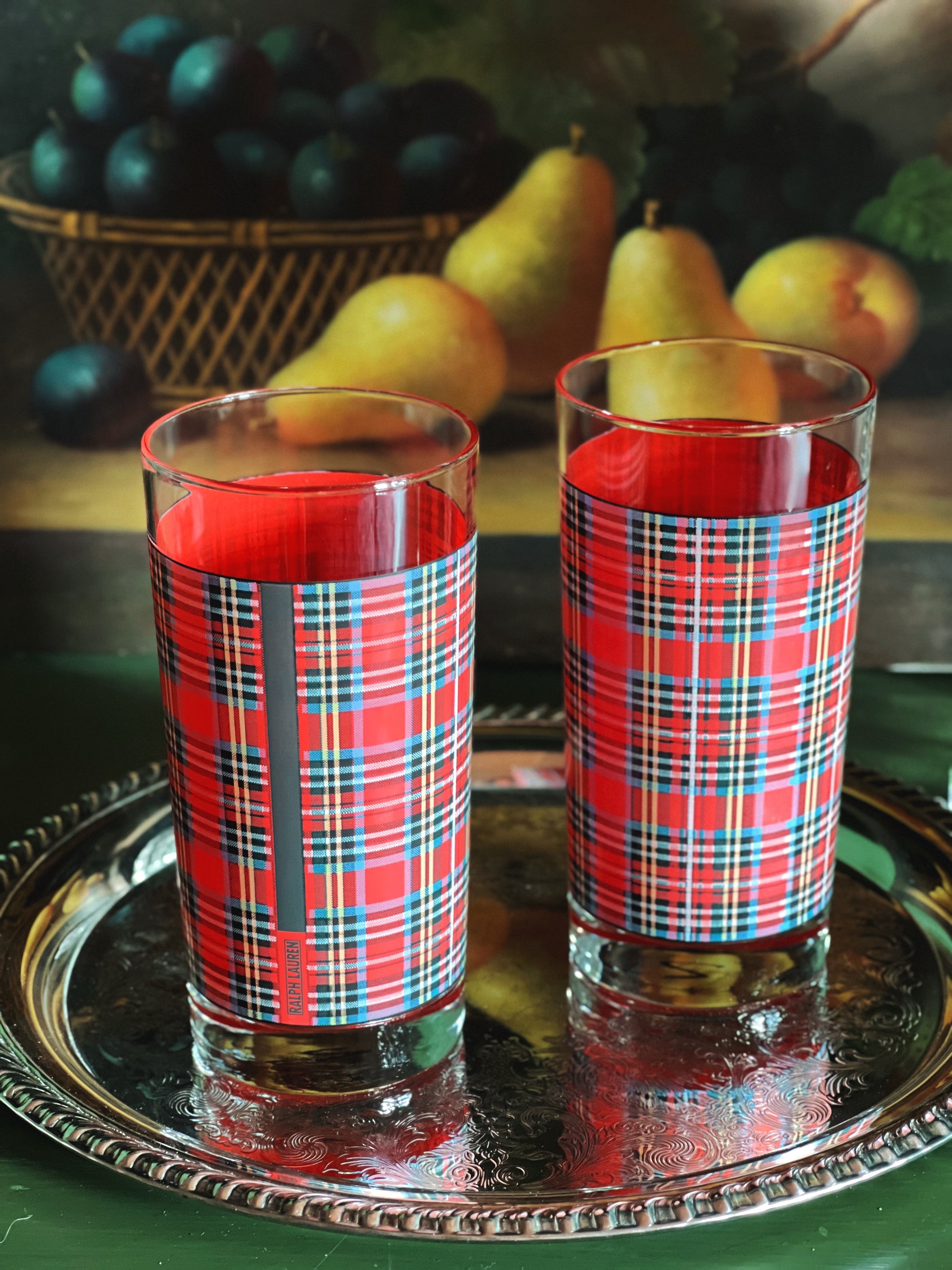 Vintage Ralph Lauren Plaid Highball Glasses on a silver tray