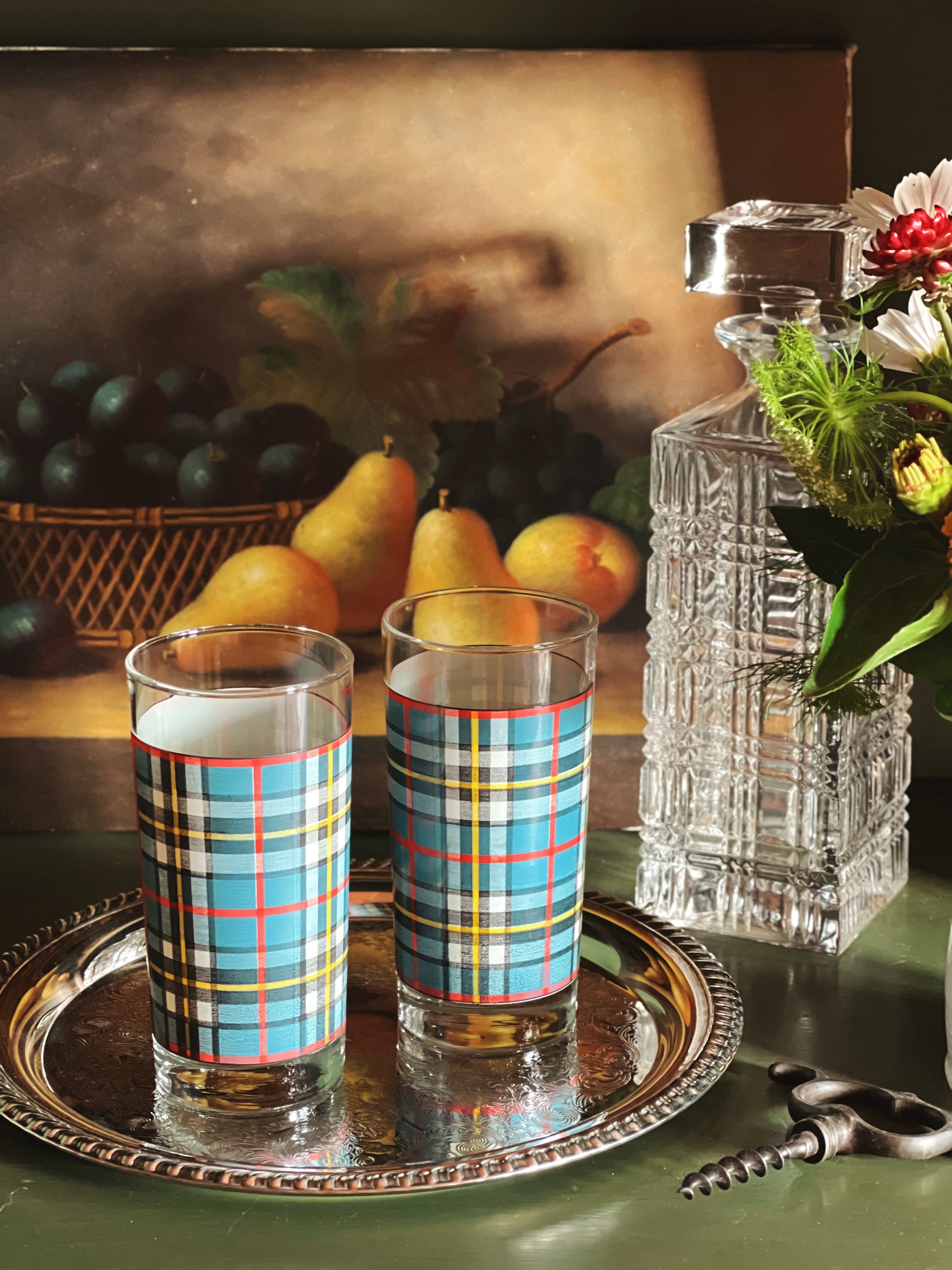 Pair of Vintage Ralph Lauren Blue Plaid Highball Glasses | Americana Barware | Cocktail Tumblers