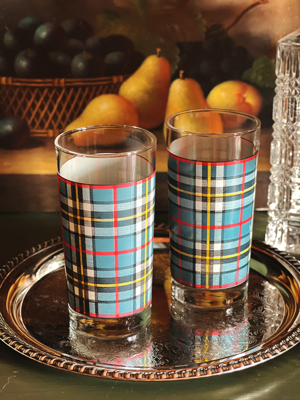 Pair of Vintage Ralph Lauren Blue Plaid Highball Glasses | Americana Barware | Cocktail Tumblers