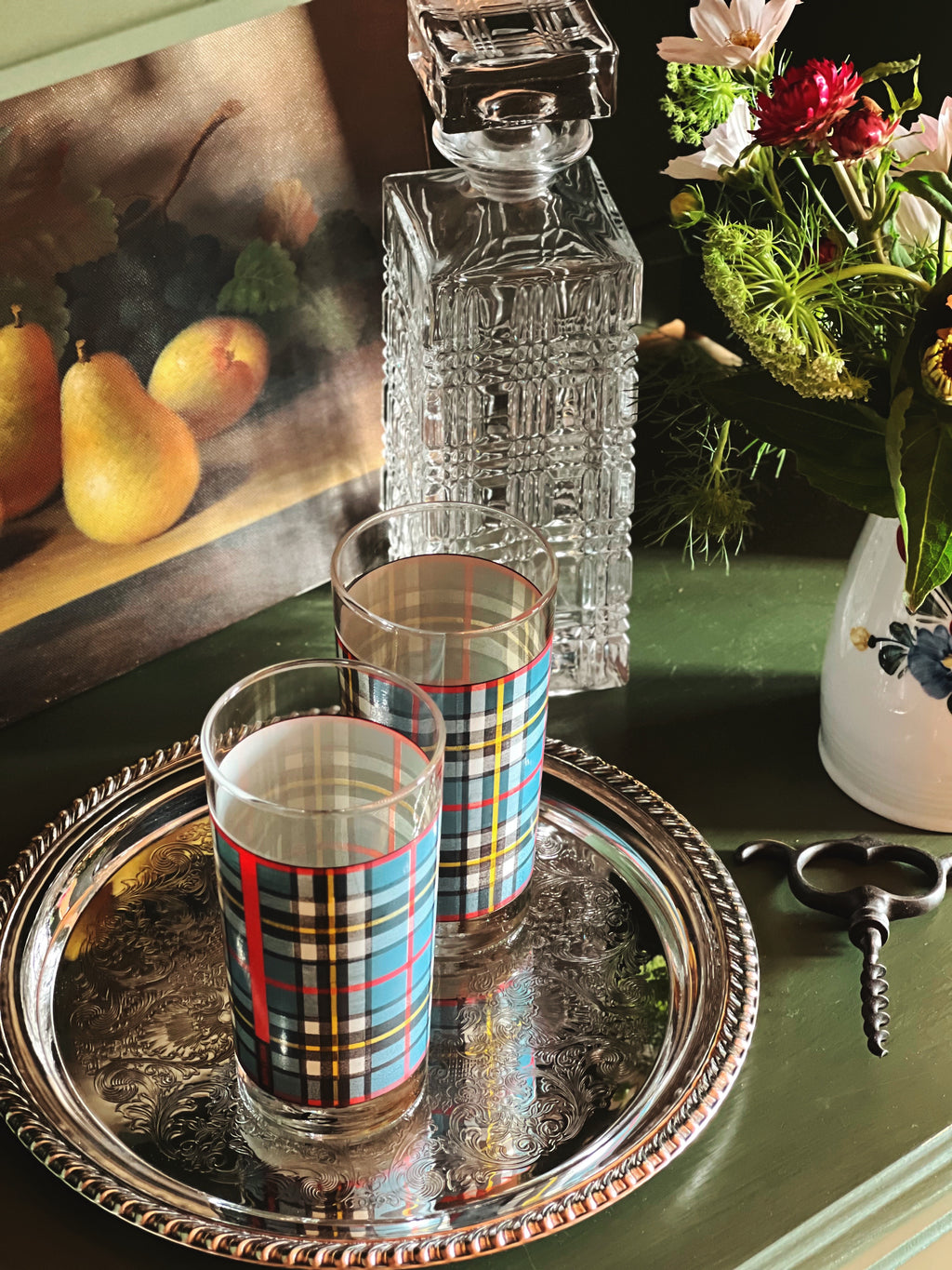 Pair of Vintage Ralph Lauren Blue Plaid Highball Glasses | Americana Barware | Cocktail Tumblers