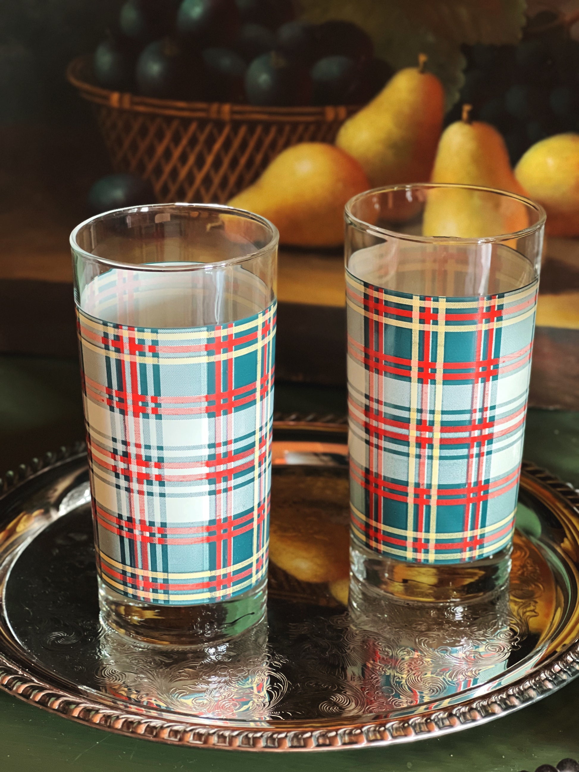 Pair of Ralph Lauren heritage plaid highball glasses on a silver tray