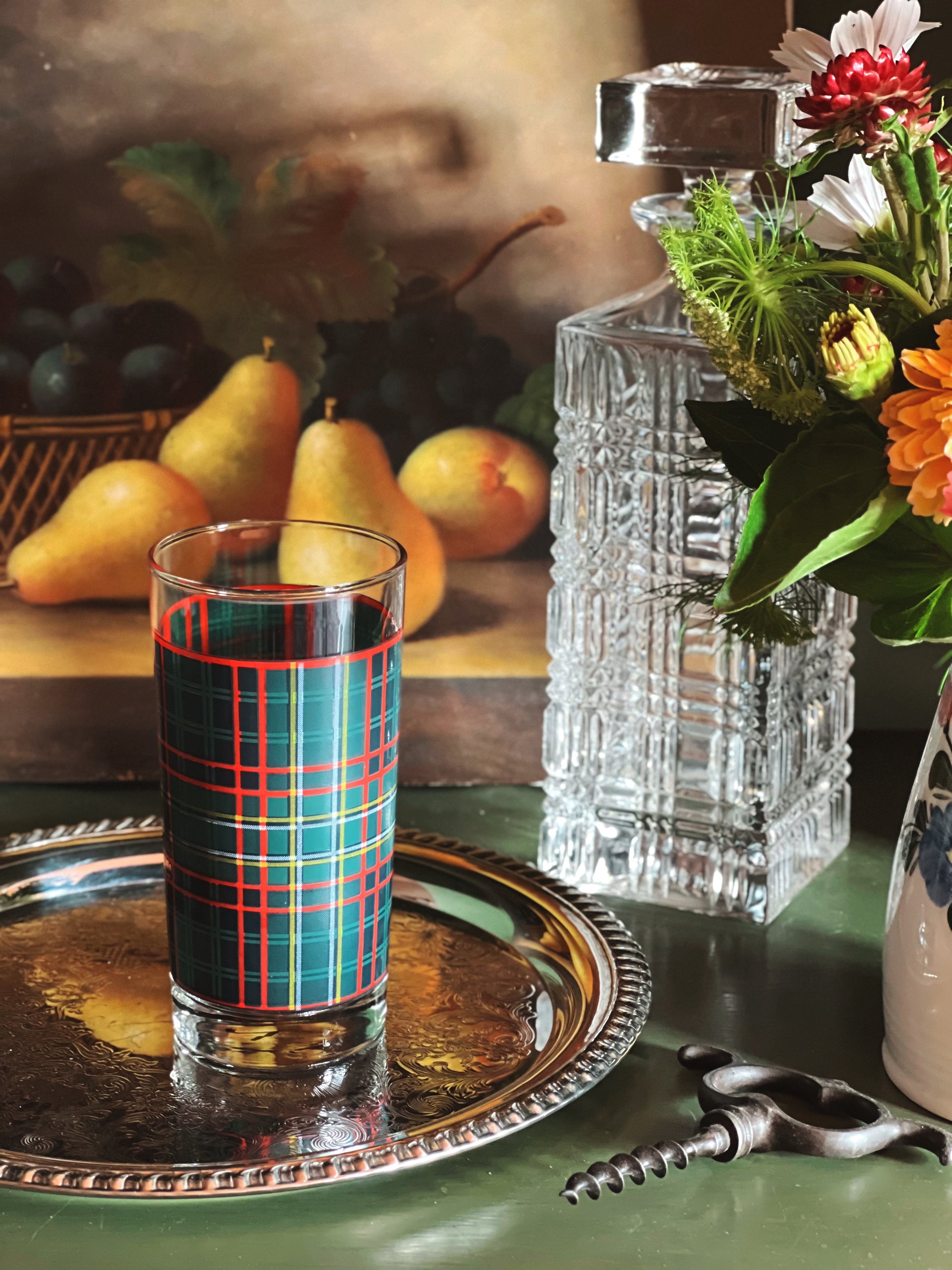 Vintage Ralph Lauren Plaid Highball Glass with silver tray