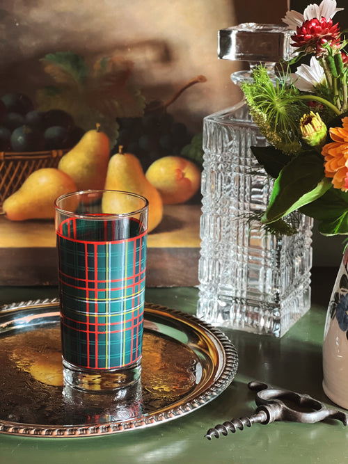 Vintage Ralph Lauren Plaid Highball Glass with silver tray