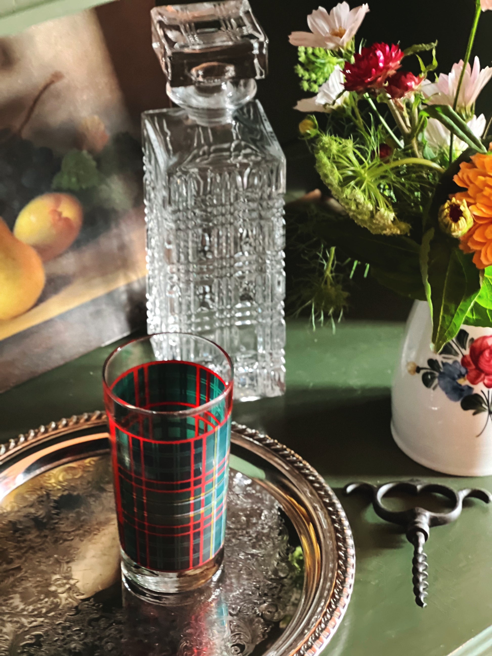 Overhead view of a vintage Ralph Lauren Plaid Highball Glass