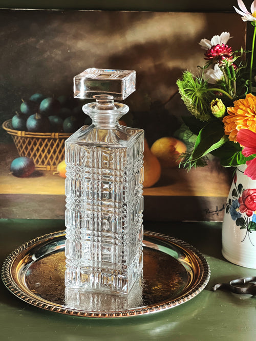 Vintage Cut Crystal Whiskey Decanter on a silver tray