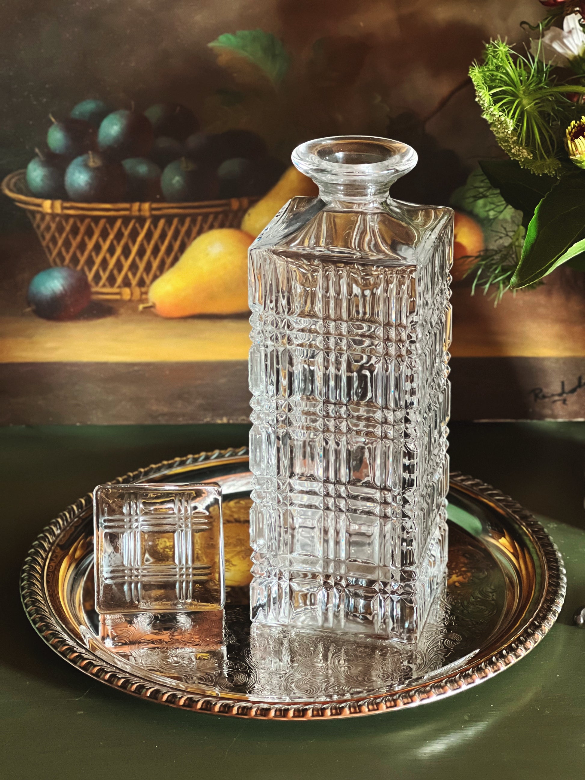 Vintage Cut Crystal Whiskey Decanter without stopper on a silver tray