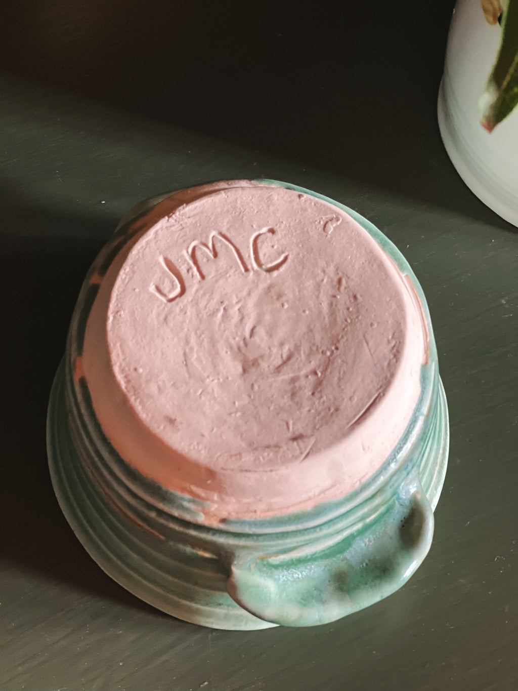 potter's mark on a Handmade Green Handled Pottery Bowl 