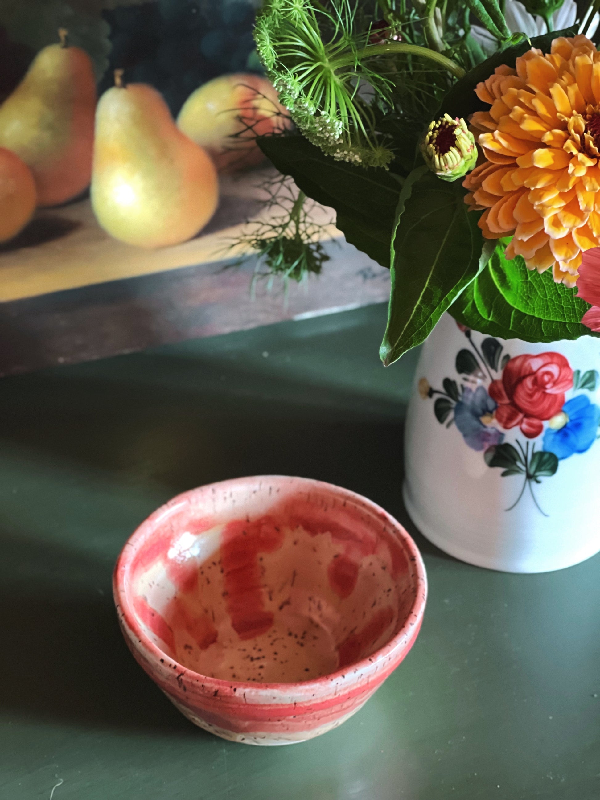 overhead angle of a Handmade Pink Drip Glaze Pottery Bowl