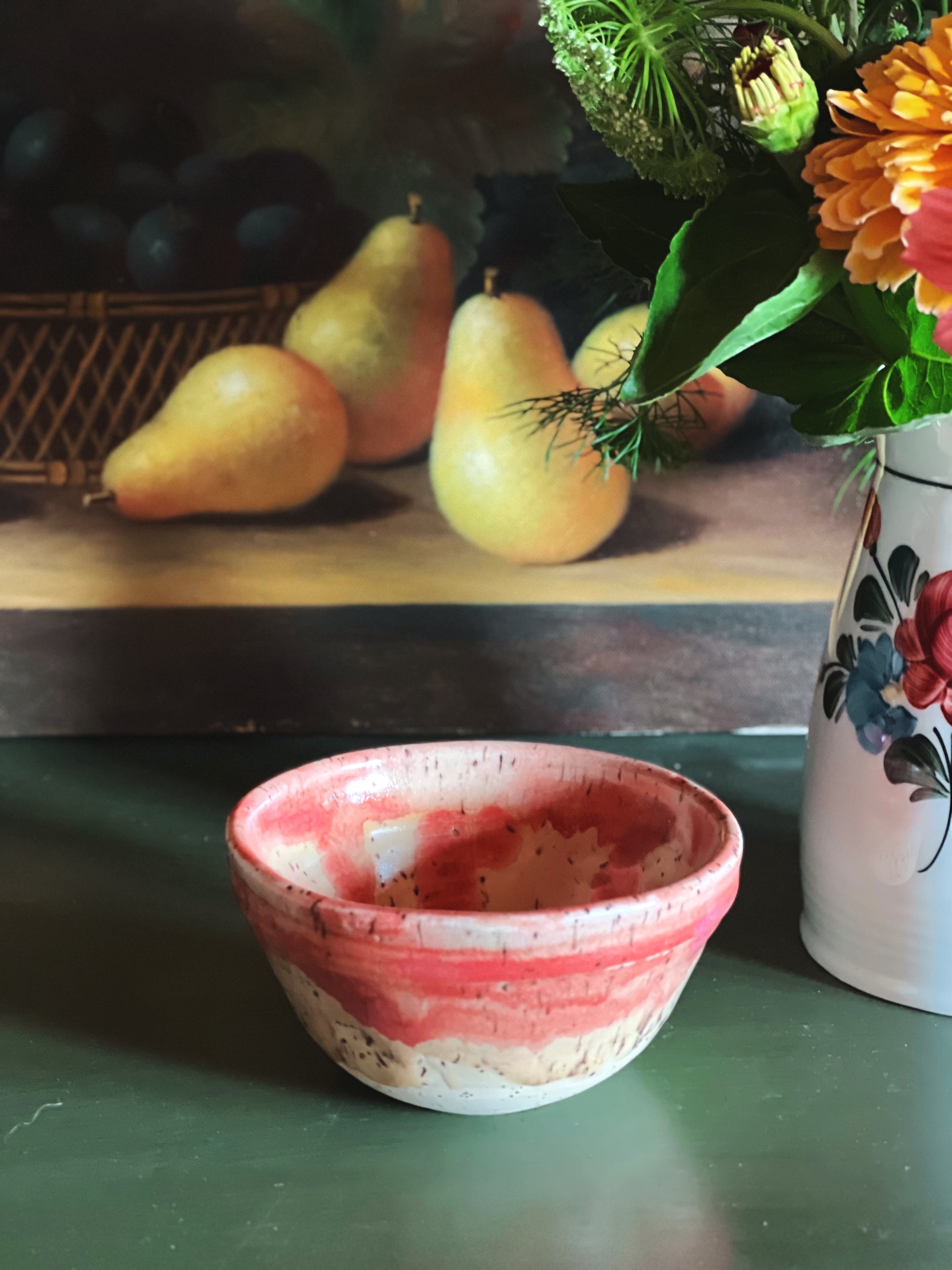 close up of the drip glaze on a Handmade Pink Drip Glaze Pottery Bowl