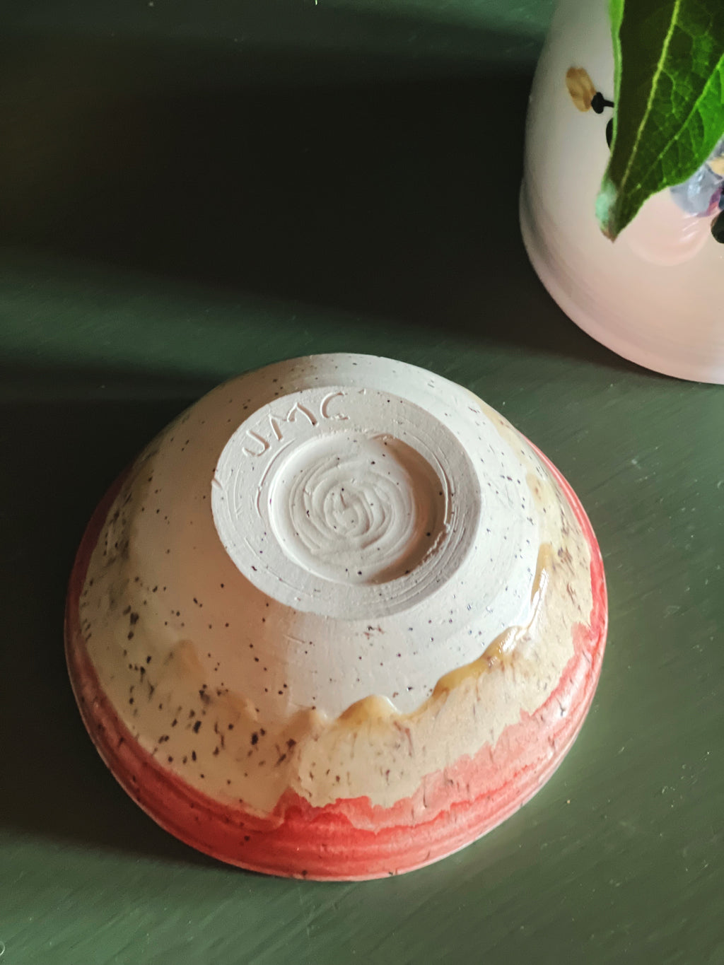 potter's mark on a Handmade Pink Drip Glaze Pottery Bowl